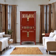 Ornately Carved Asian Modern Red Lacquer Gilt Gold Armoire with Brass Hardware