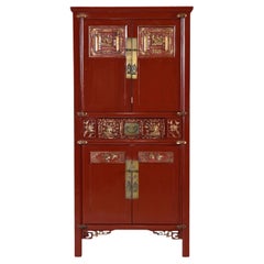 Ornately Carved Asian Modern Red Lacquer Gilt Gold Armoire with Brass Hardware