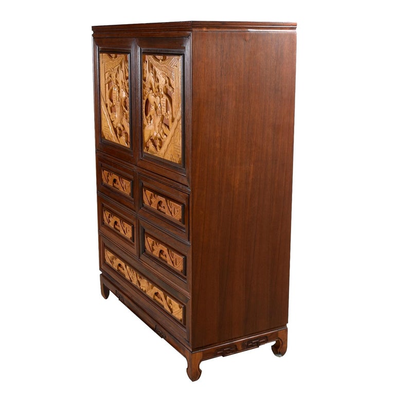 Ornately Carved Asian Modern Solid Teak Gentleman's Chest of Drawers at