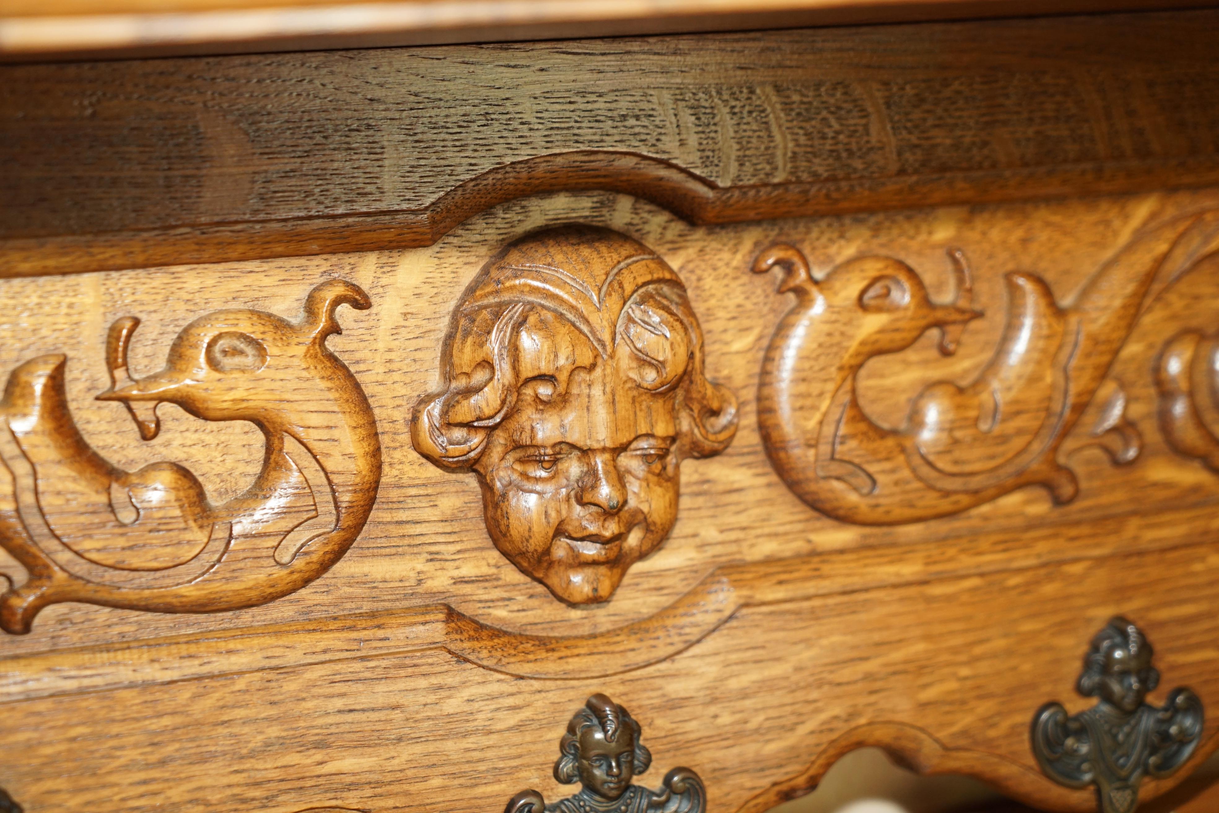 Ornately Carved Cherub Dutch Oak Coat Hat Scarf Wall Rack Hanger Bronze Hooks For Sale 4