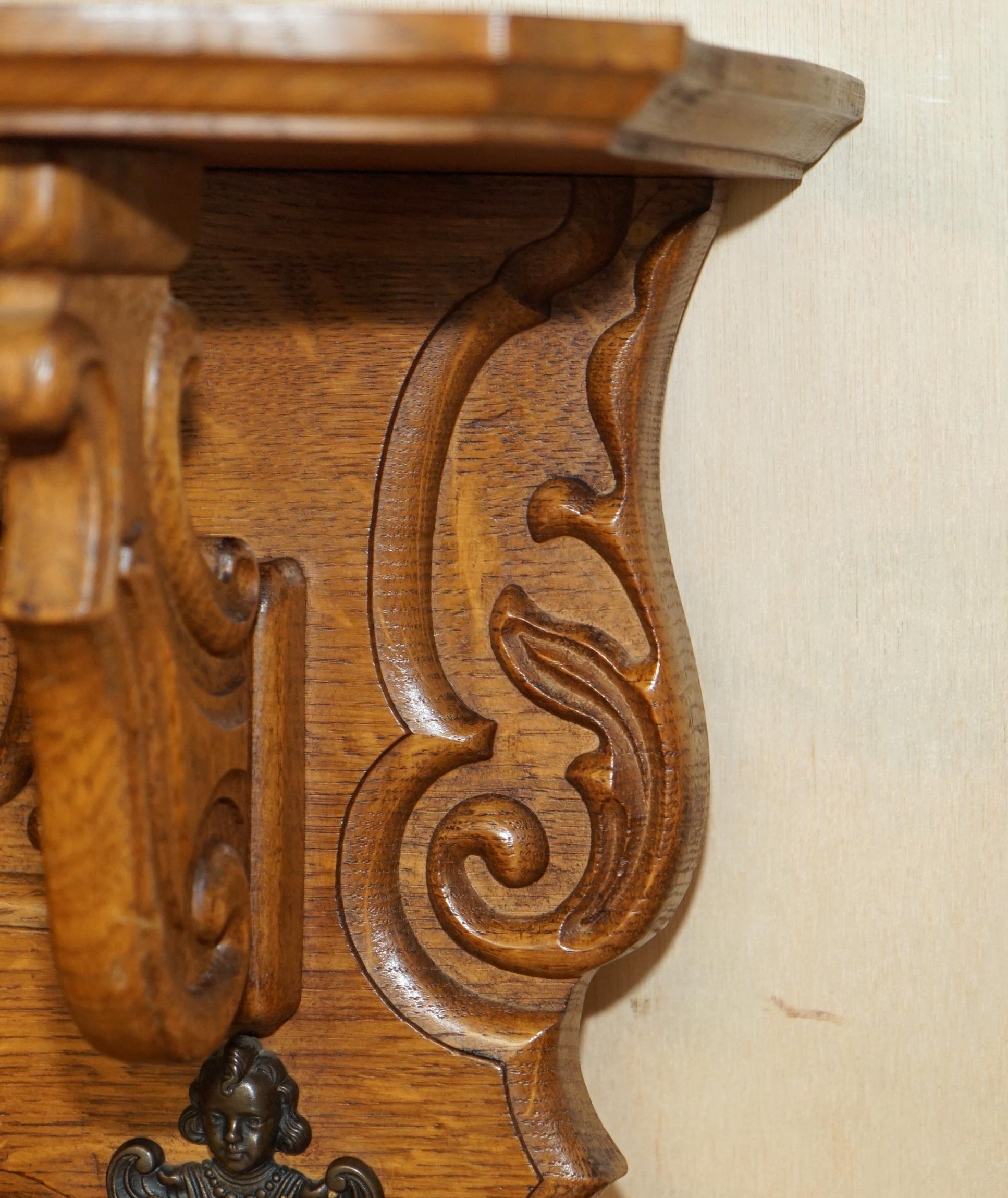 Ornately Carved Cherub Dutch Oak Coat Hat Scarf Wall Rack Hanger Bronze Hooks For Sale 1