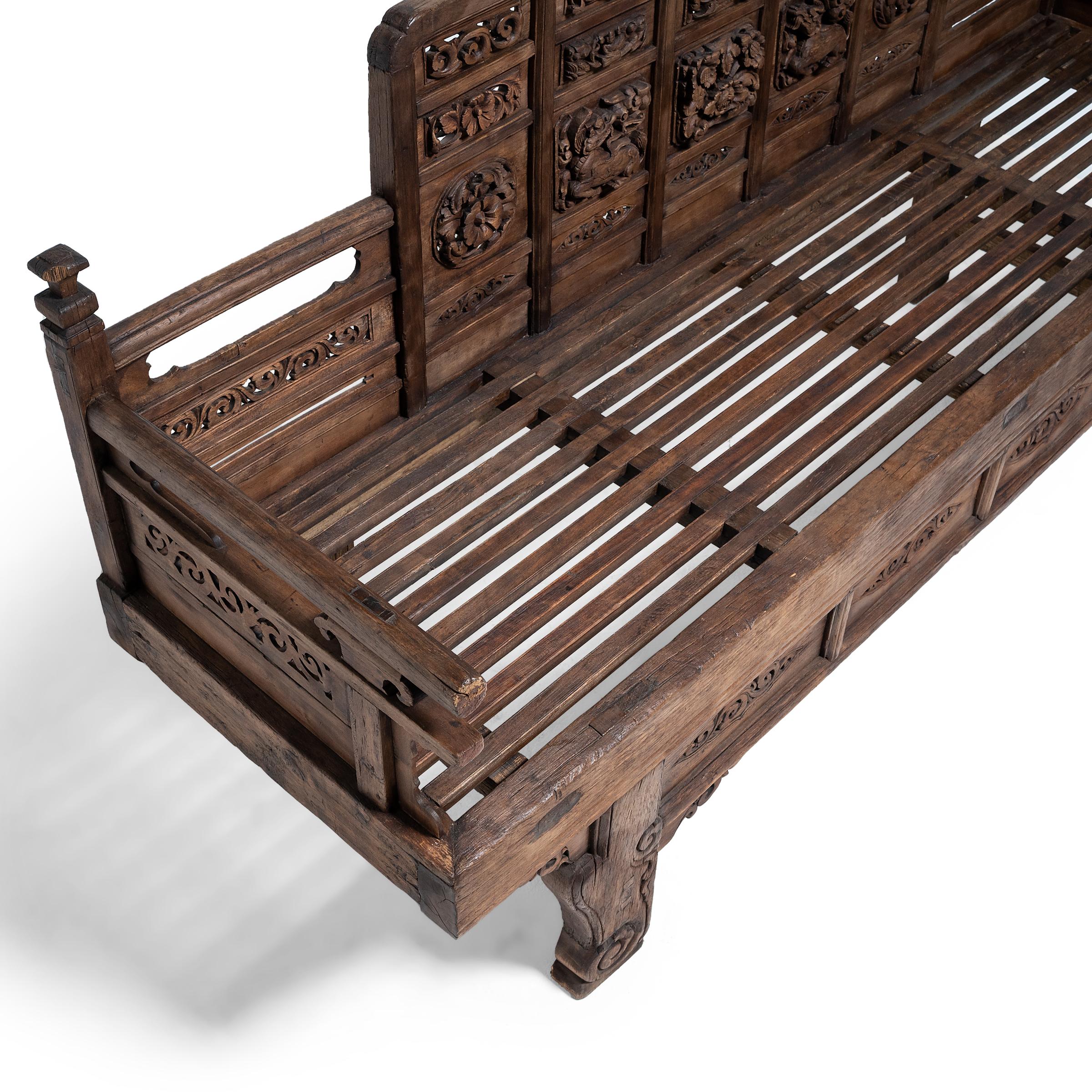 Elm Ornately Carved Chinese Luohan Bed, circa 1550
