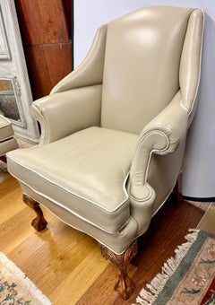 Ornately Carved Chippendale Style Leather Wingback Club Chair & Ottoman Set