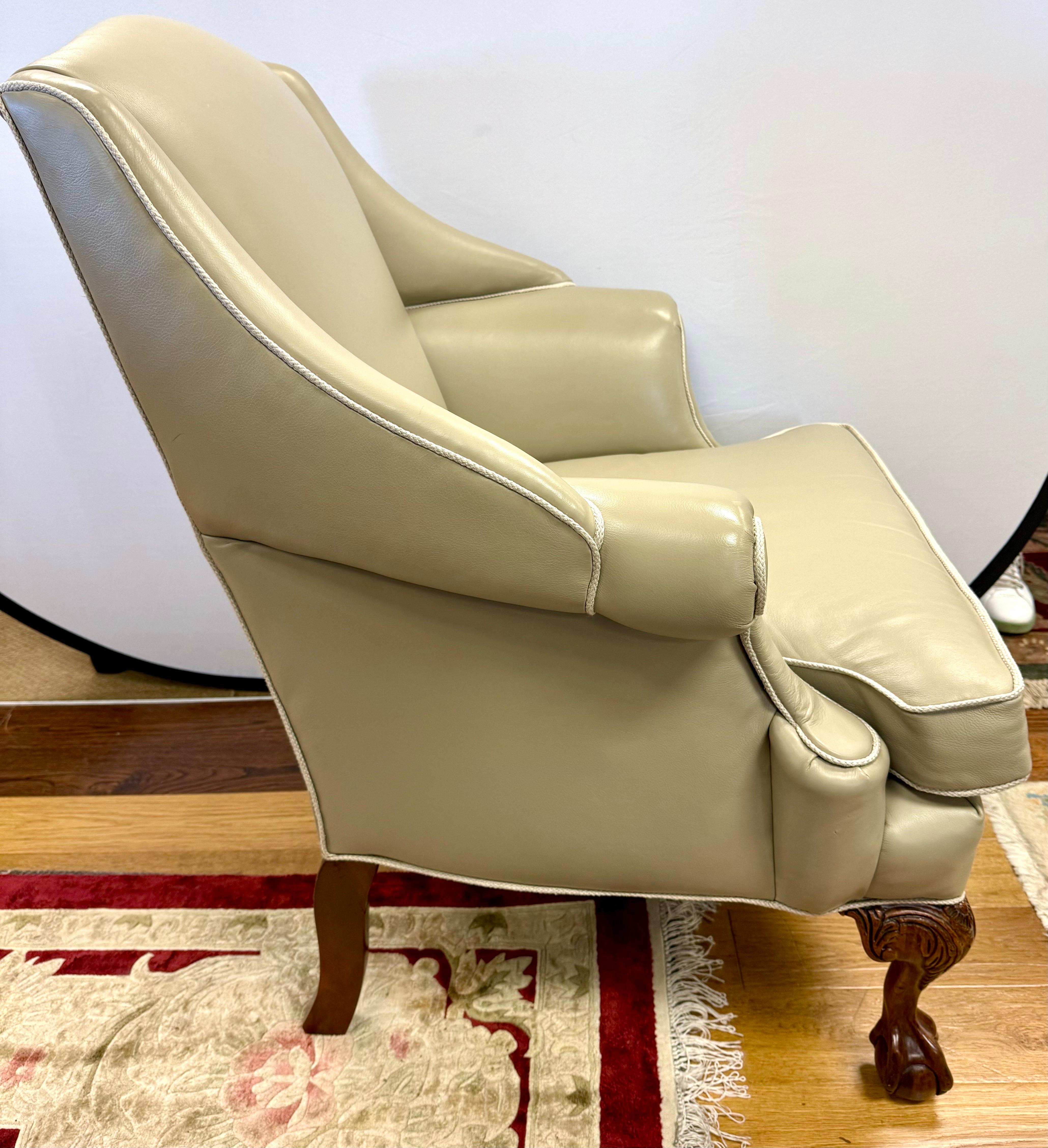 American Ornately Carved Chippendale Style Leather Wingback Club Chair & Ottoman Set
