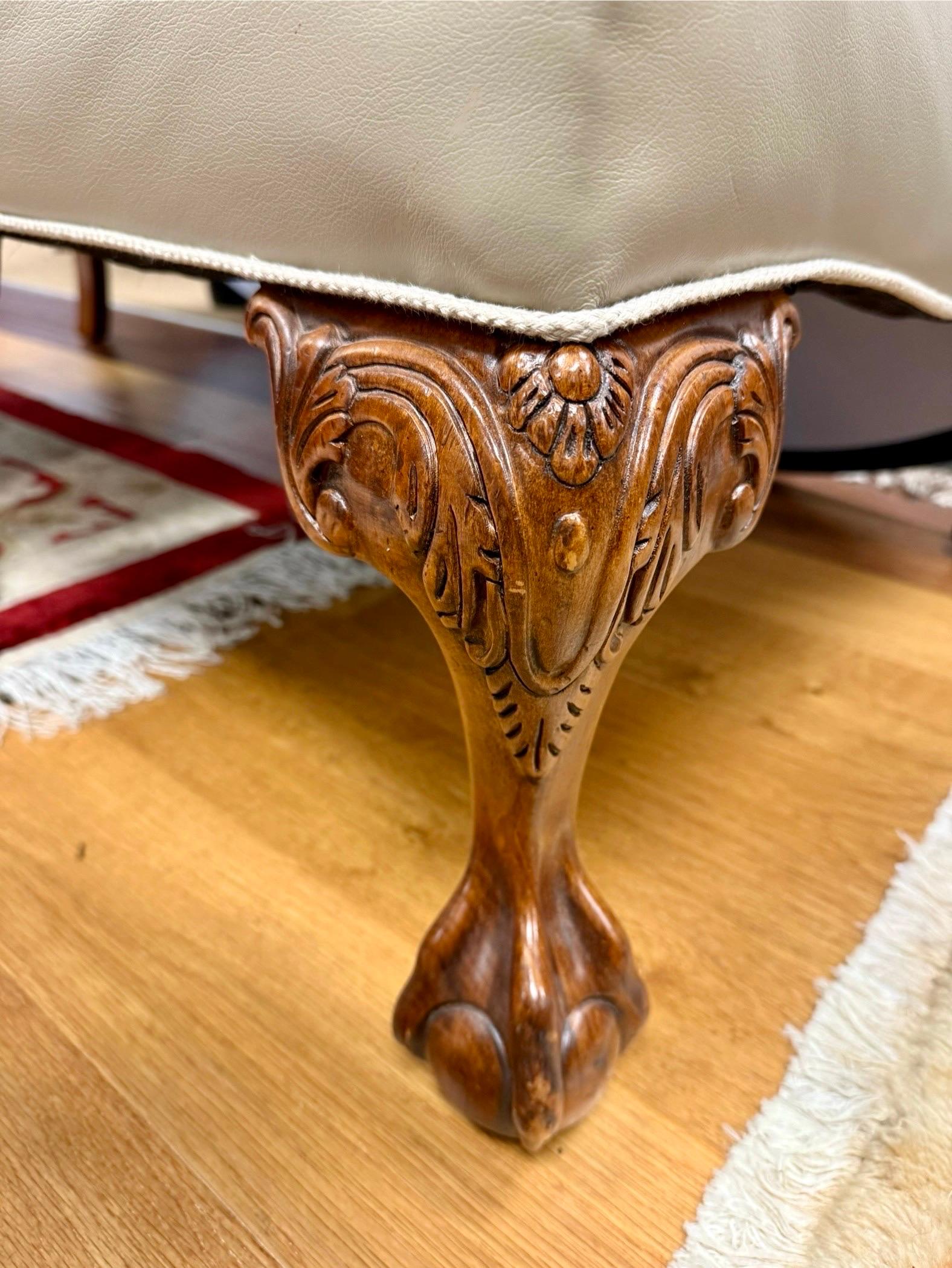 Ornately Carved Chippendale Style Leather Wingback Club Chair & Ottoman Set In Good Condition In West Hartford, CT