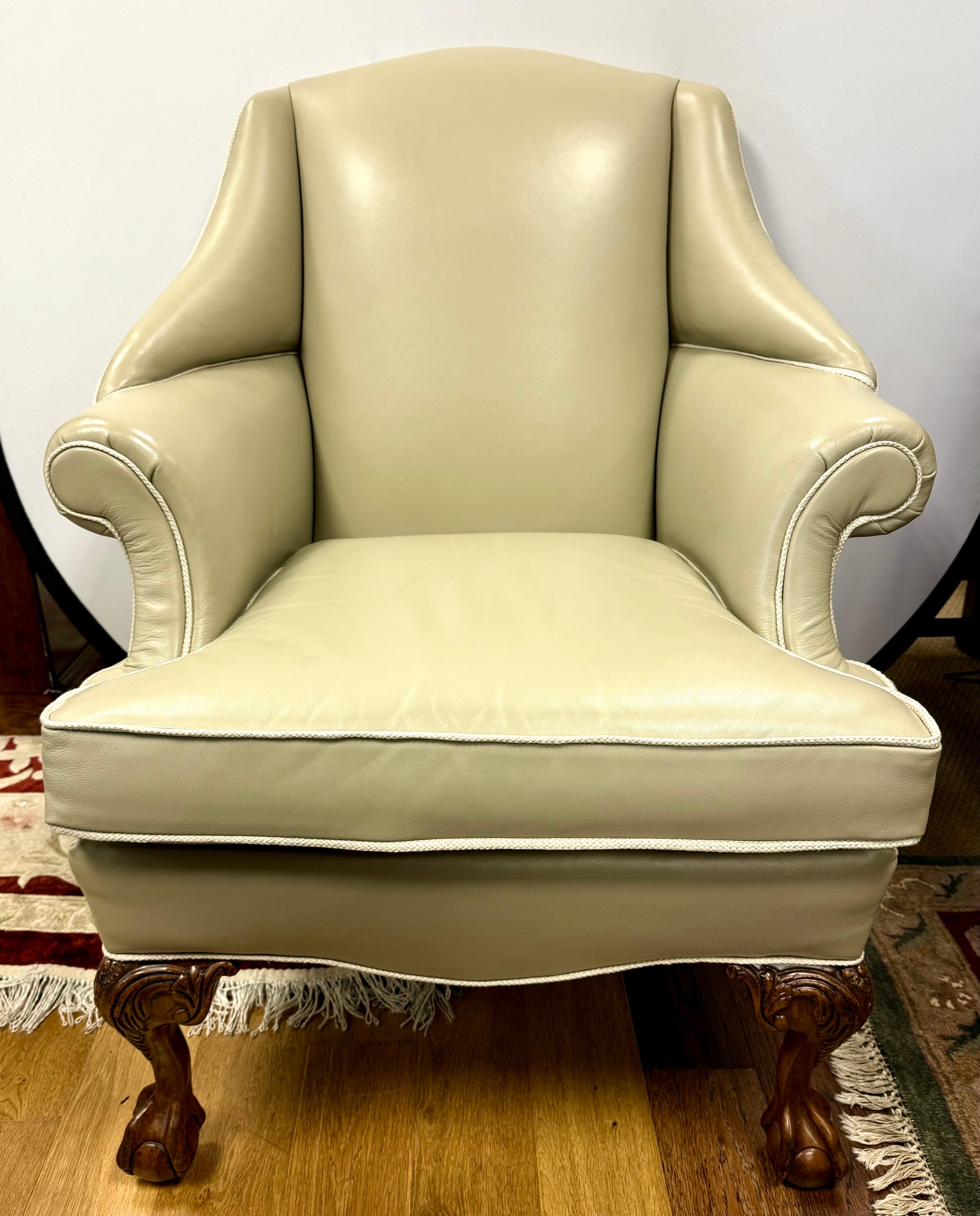 20th Century Ornately Carved Chippendale Style Leather Wingback Club Chair & Ottoman Set