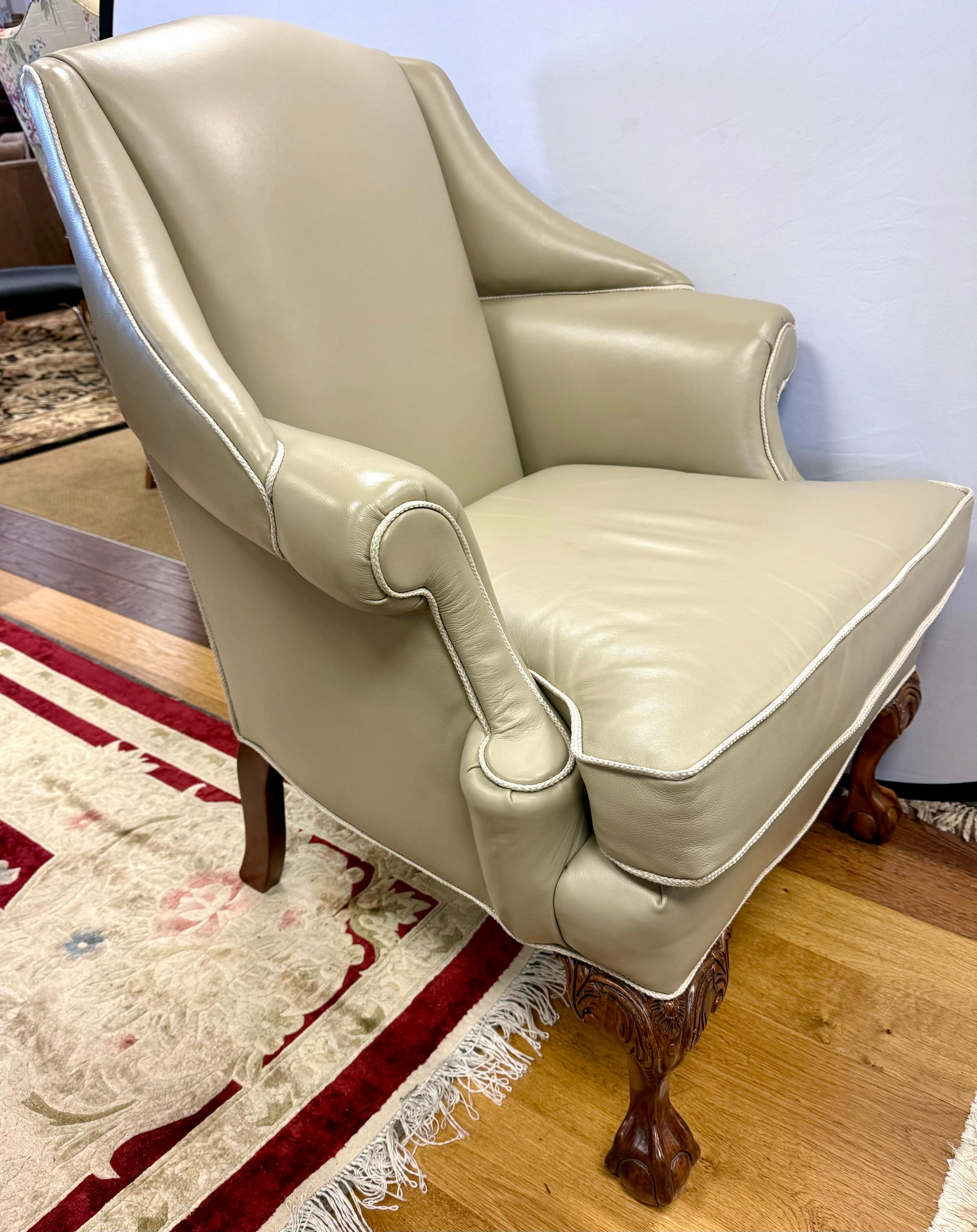 Ornately Carved Chippendale Style Leather Wingback Club Chair & Ottoman Set 2