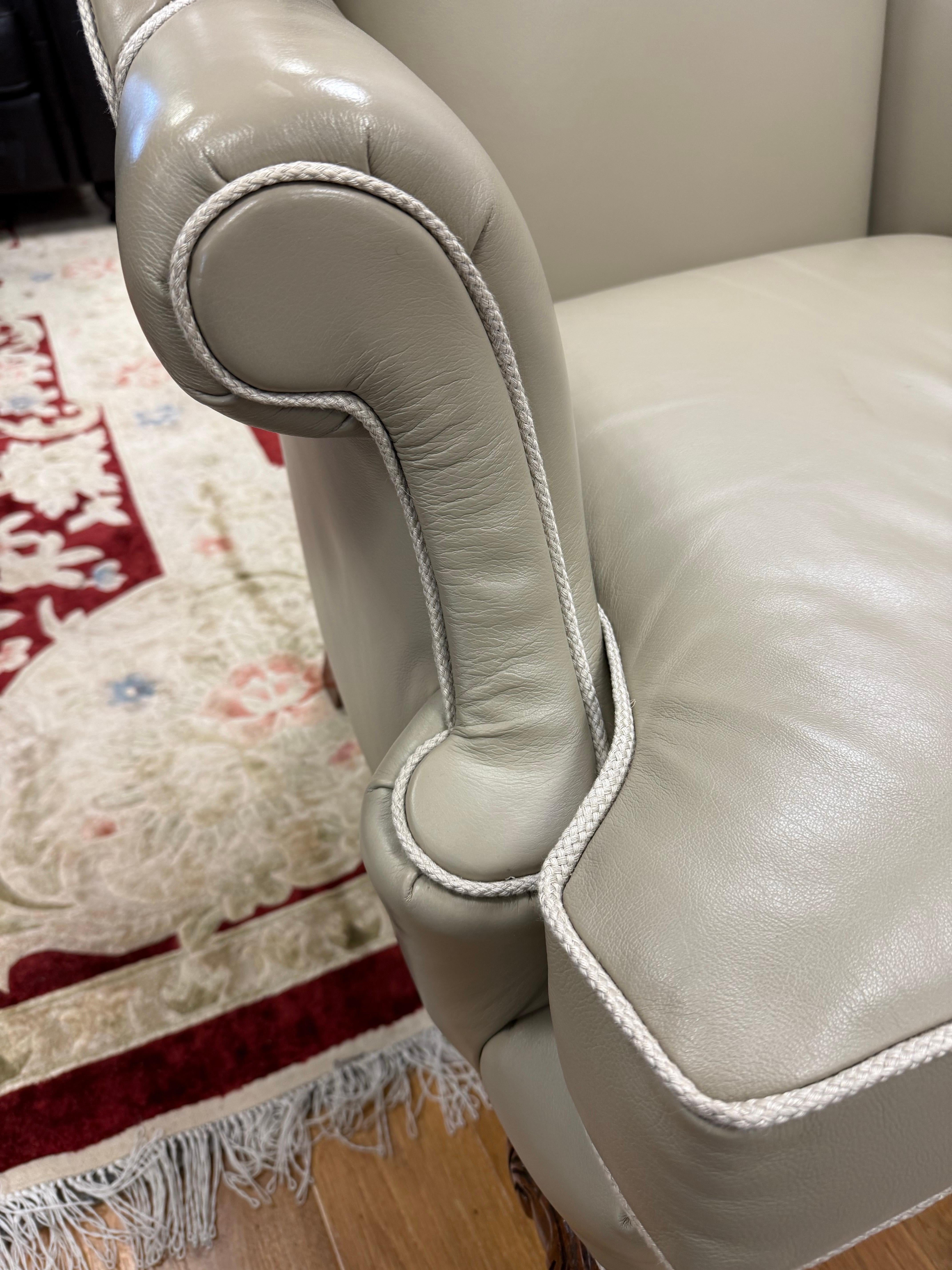 Ornately Carved Chippendale Style Leather Wingback Club Chair & Ottoman Set 3