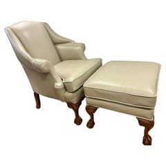 Ornately Carved Chippendale Style Leather Wingback Club Chair & Ottoman Set
