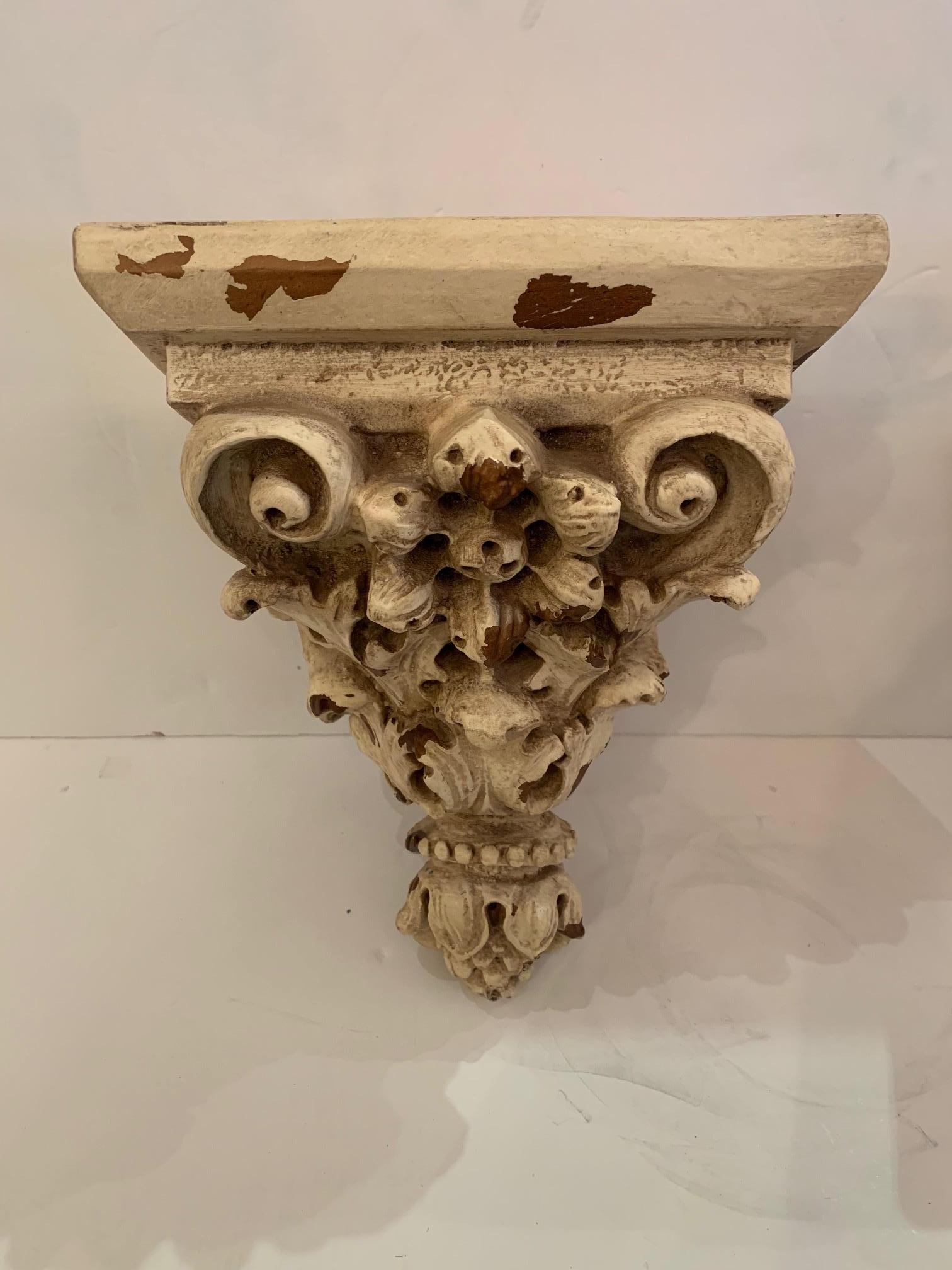 Louis XV Ornately Carved Distressed Painted Wall Brackets For Sale