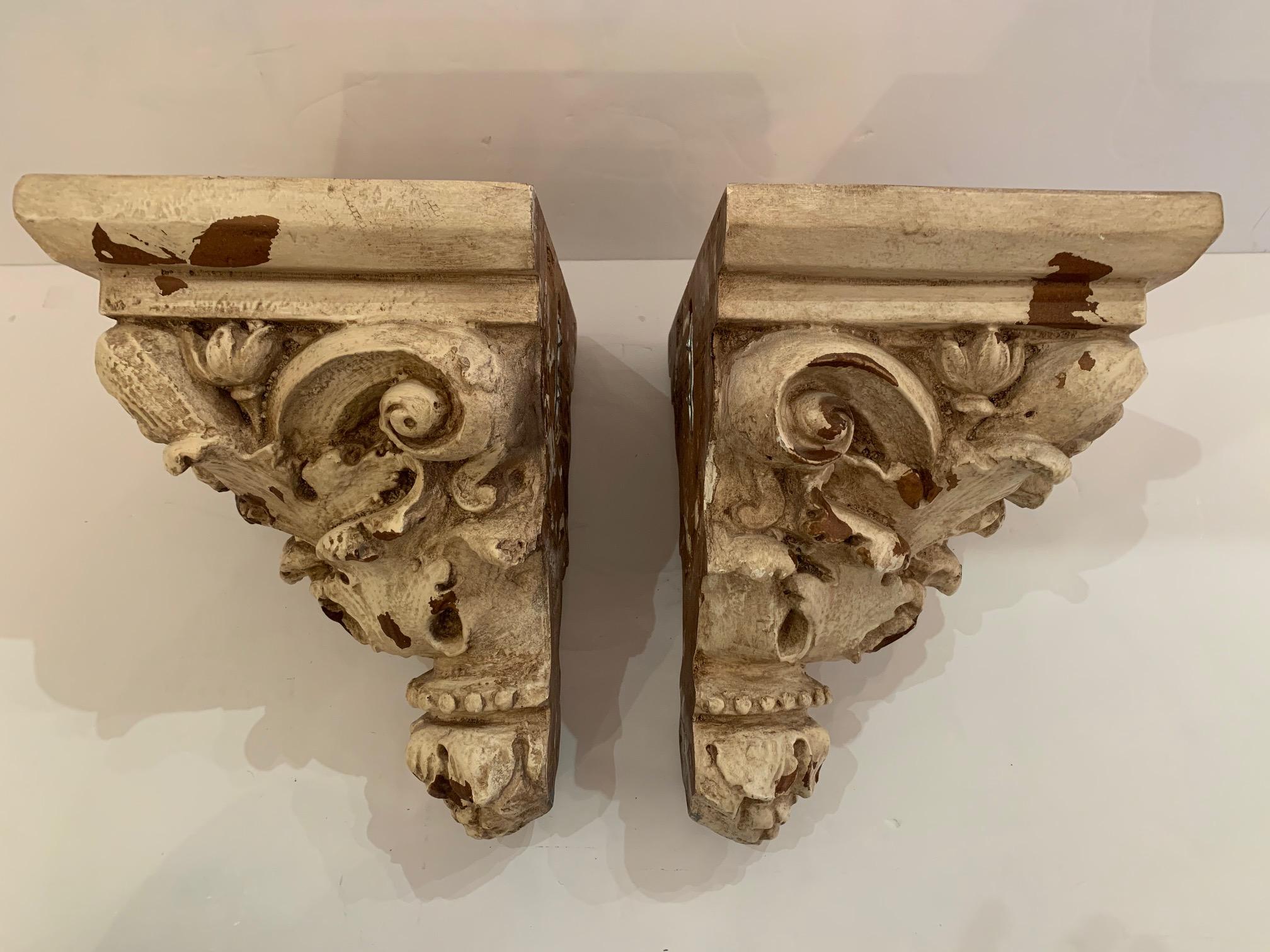 American Ornately Carved Distressed Painted Wall Brackets For Sale