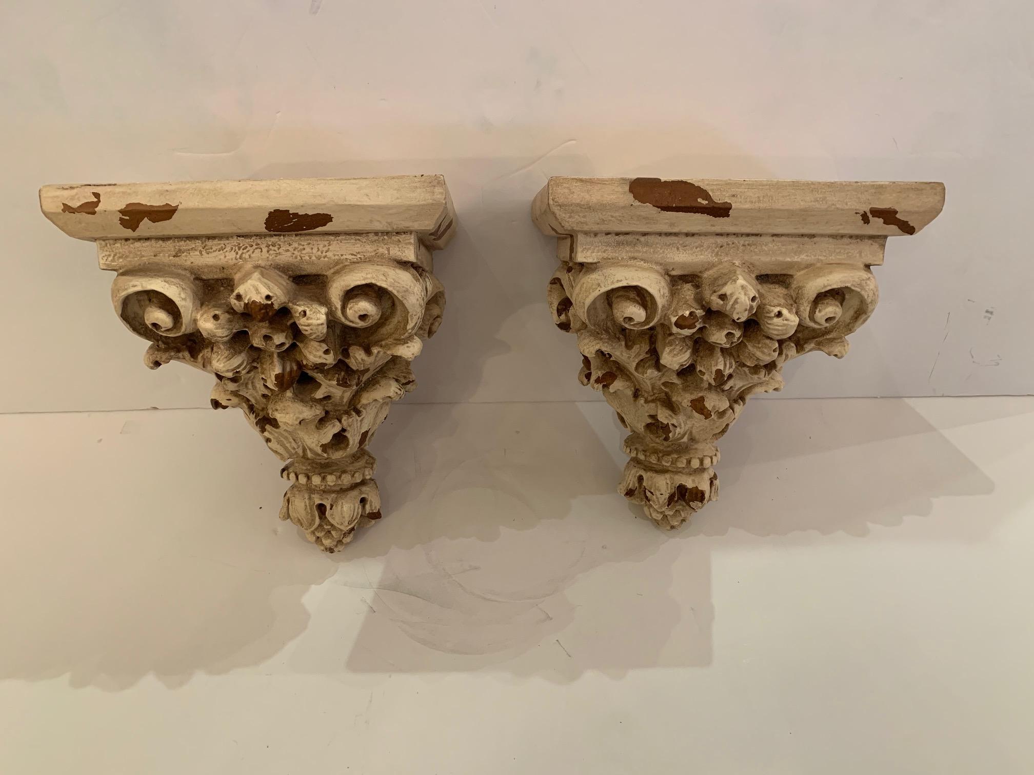 Ornately Carved Distressed Painted Wall Brackets In Distressed Condition For Sale In Hopewell, NJ