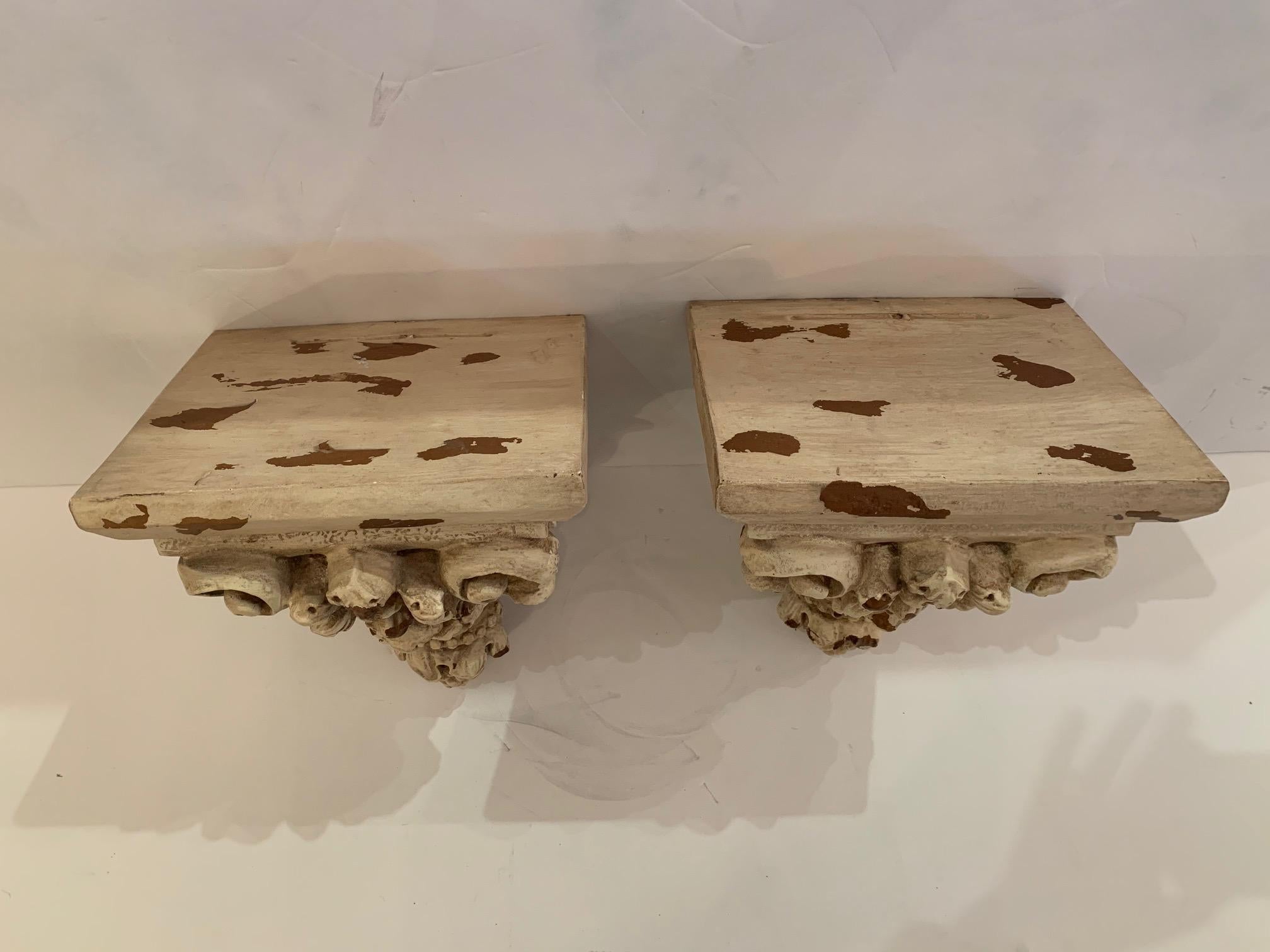 Composition Ornately Carved Distressed Painted Wall Brackets For Sale