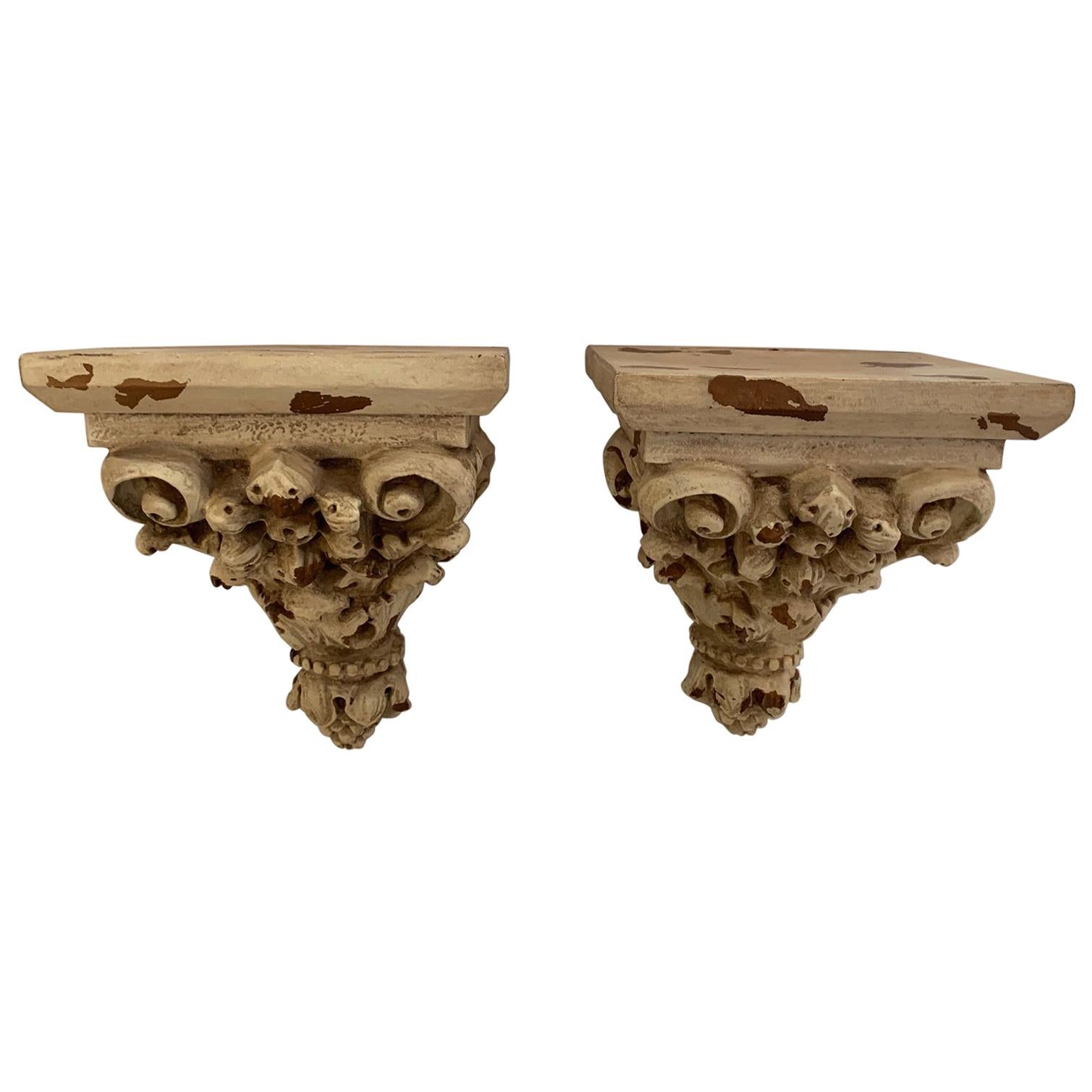 Ornately Carved Distressed Painted Wall Brackets For Sale