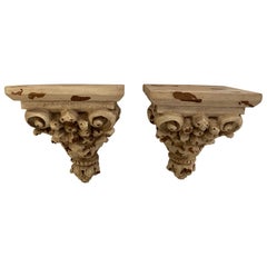 Vintage Ornately Carved Distressed Painted Wall Brackets