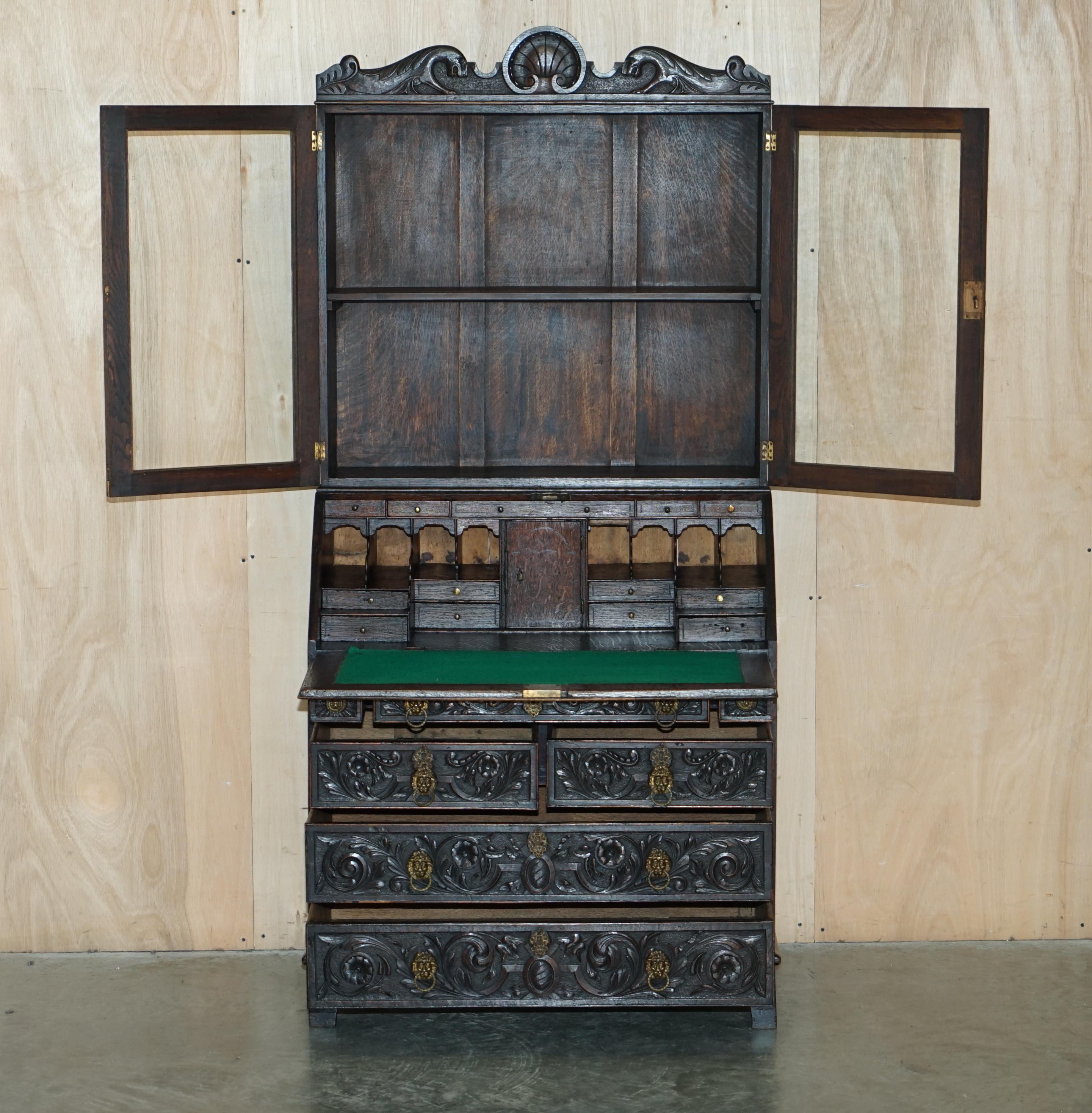 Ornately Carved English Oak Library Bureau Bookcase Lion's Head Brass Handles For Sale 10