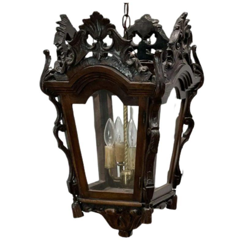 Ornately Carved Four Light Wood Lantern In Good Condition For Sale In Locust Valley, NY