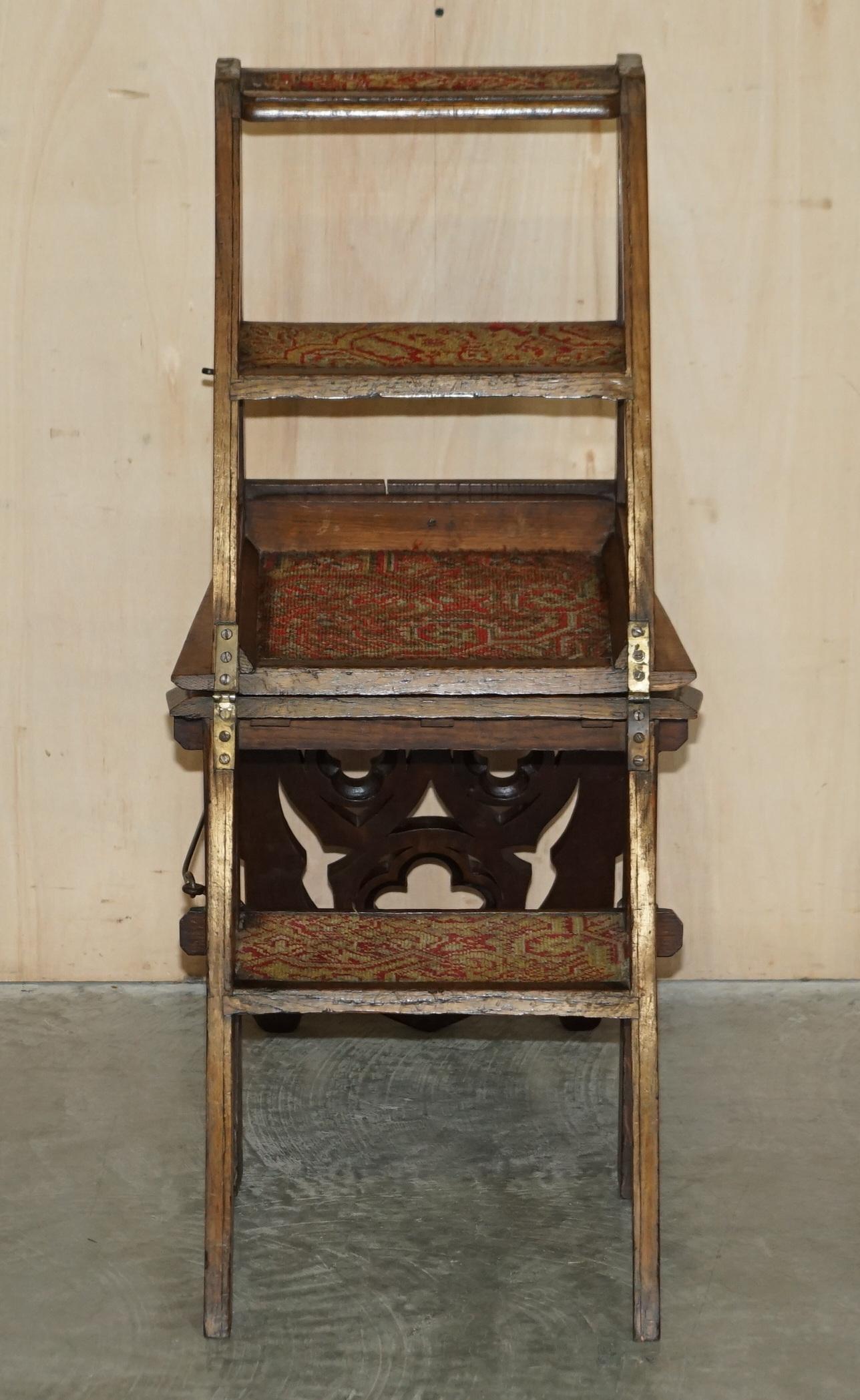 Ornately Carved Gothic English Oak Library Steps Metamorphic Chair Carpet Steps 7