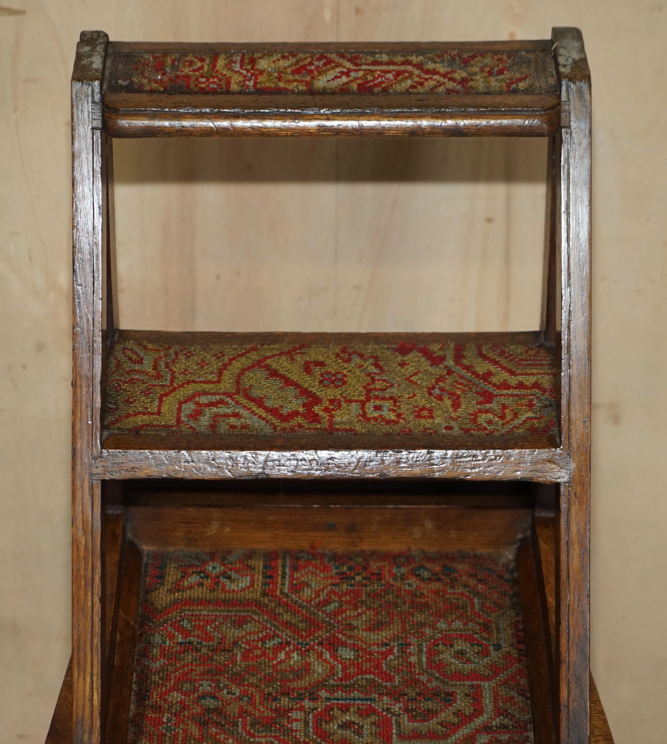 Ornately Carved Gothic English Oak Library Steps Metamorphic Chair Carpet Steps 8