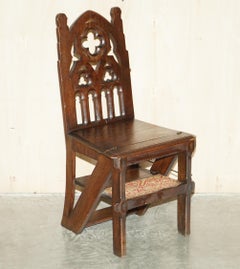 Ornately Carved Gothic English Oak Library Steps Metamorphic Chair Carpet Steps