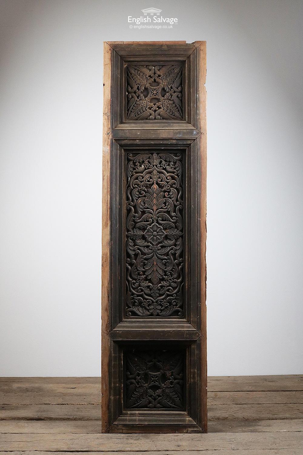 Intricately carved Indian hardwood panel with floral and foliate detail throughout and birds to the upper and lower panels. Measurements below are approximate, vary slightly as uneven in places. Chunk out of the top and some loss and wear to edges