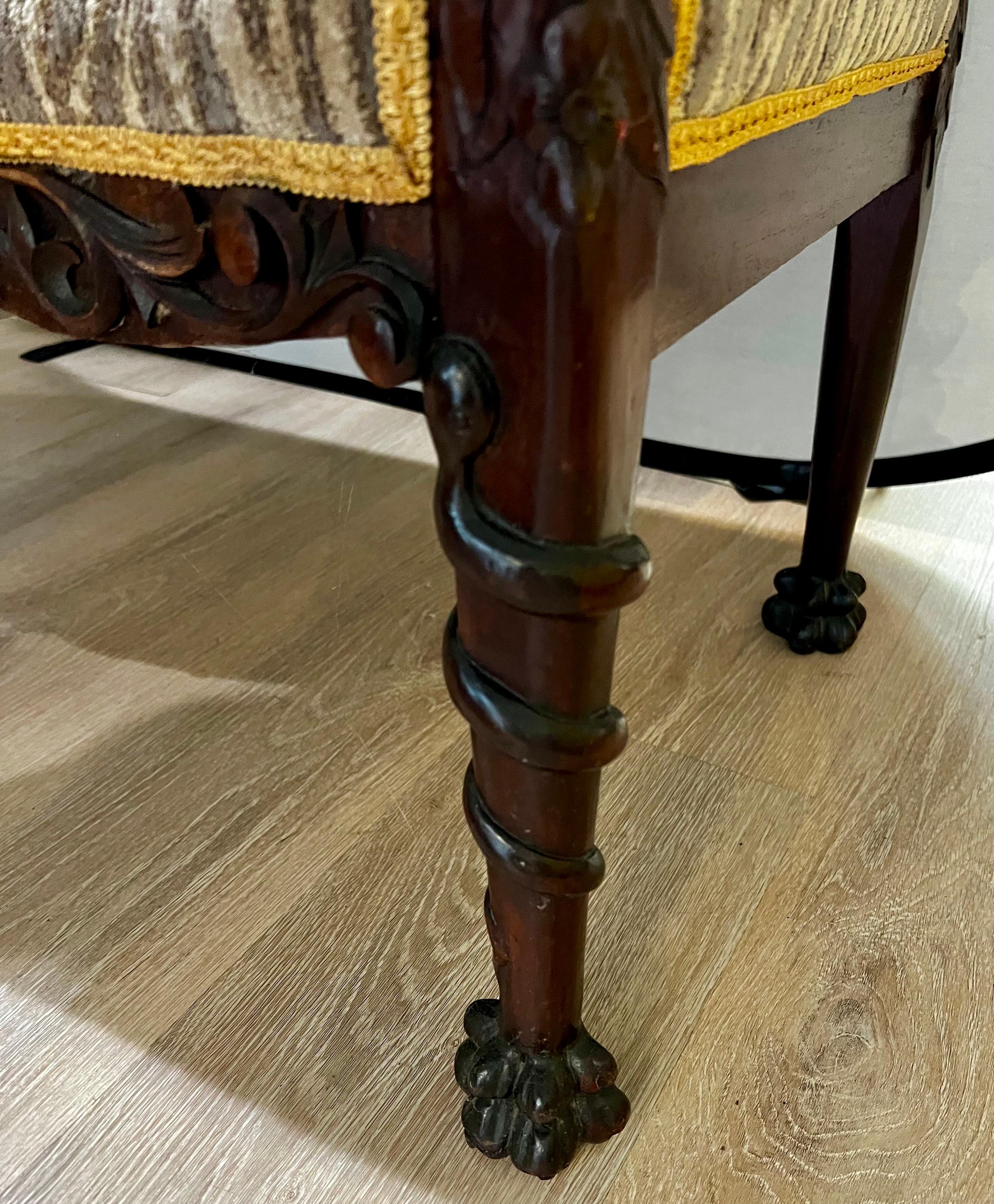 Ornately Carved Mahogany High Back Settee with Donghia Fabric 1