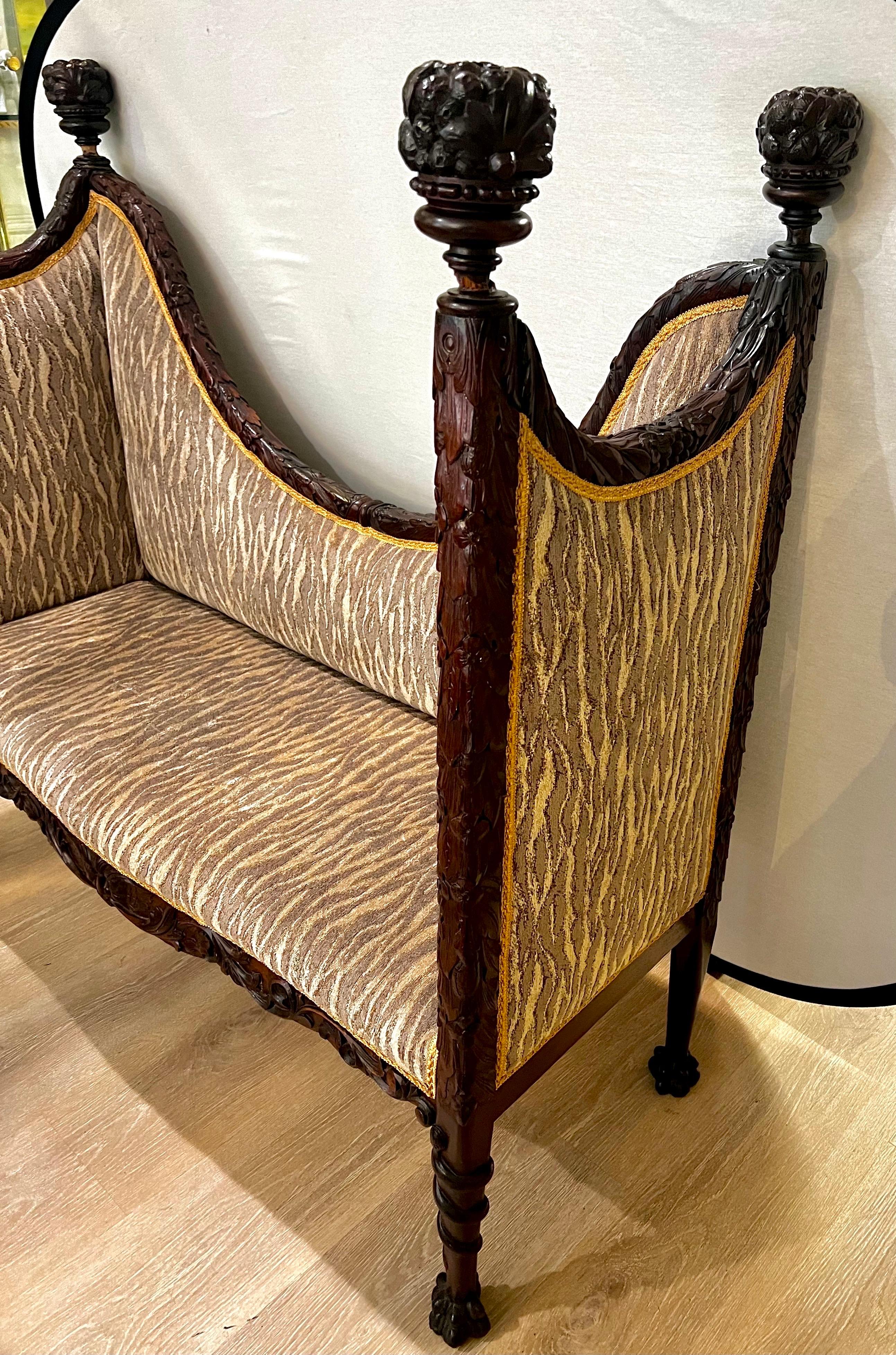 Ornately Carved Mahogany High Back Settee with Donghia Fabric 2