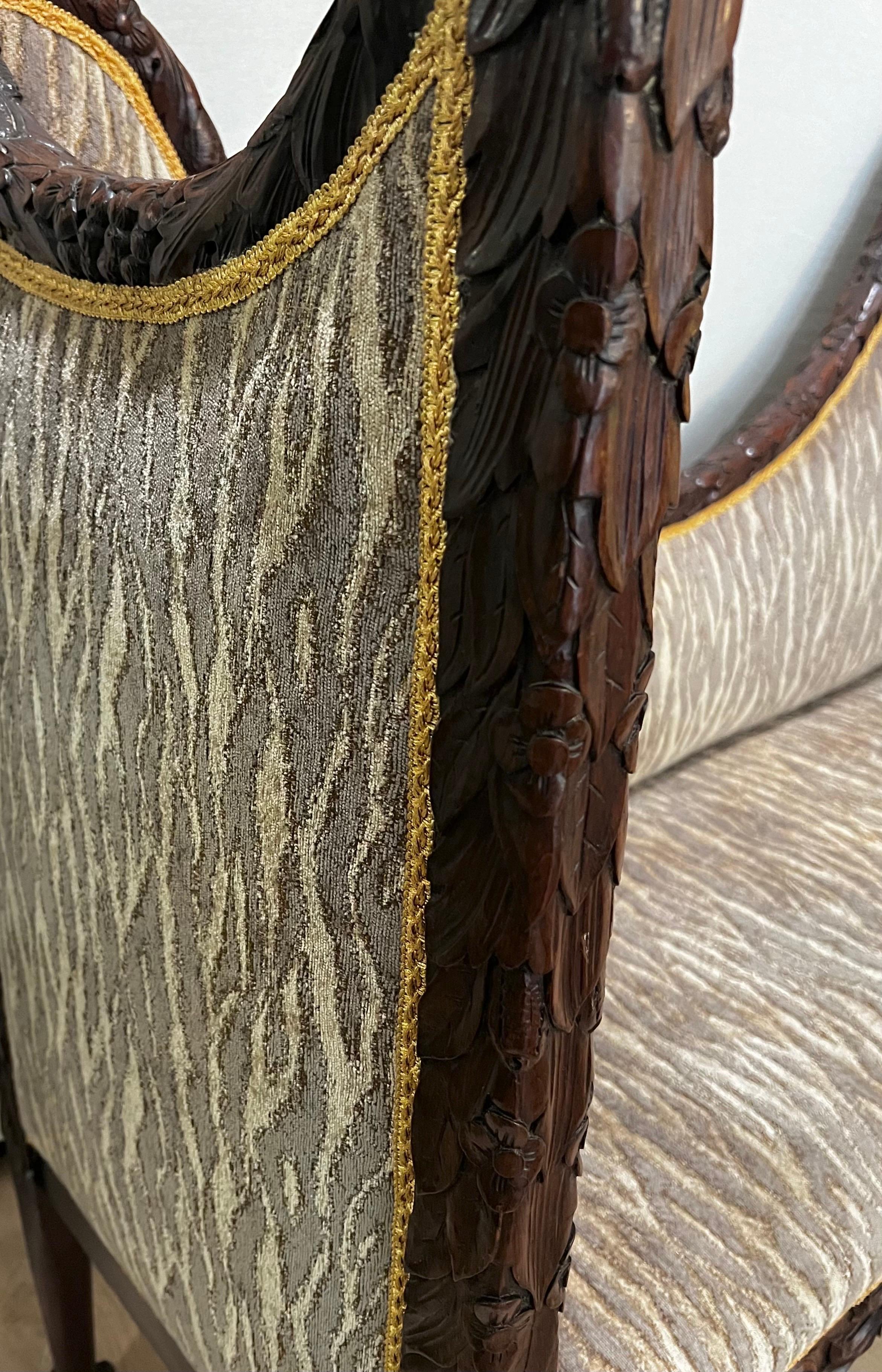 Ornately Carved Mahogany High Back Settee with Donghia Fabric 3