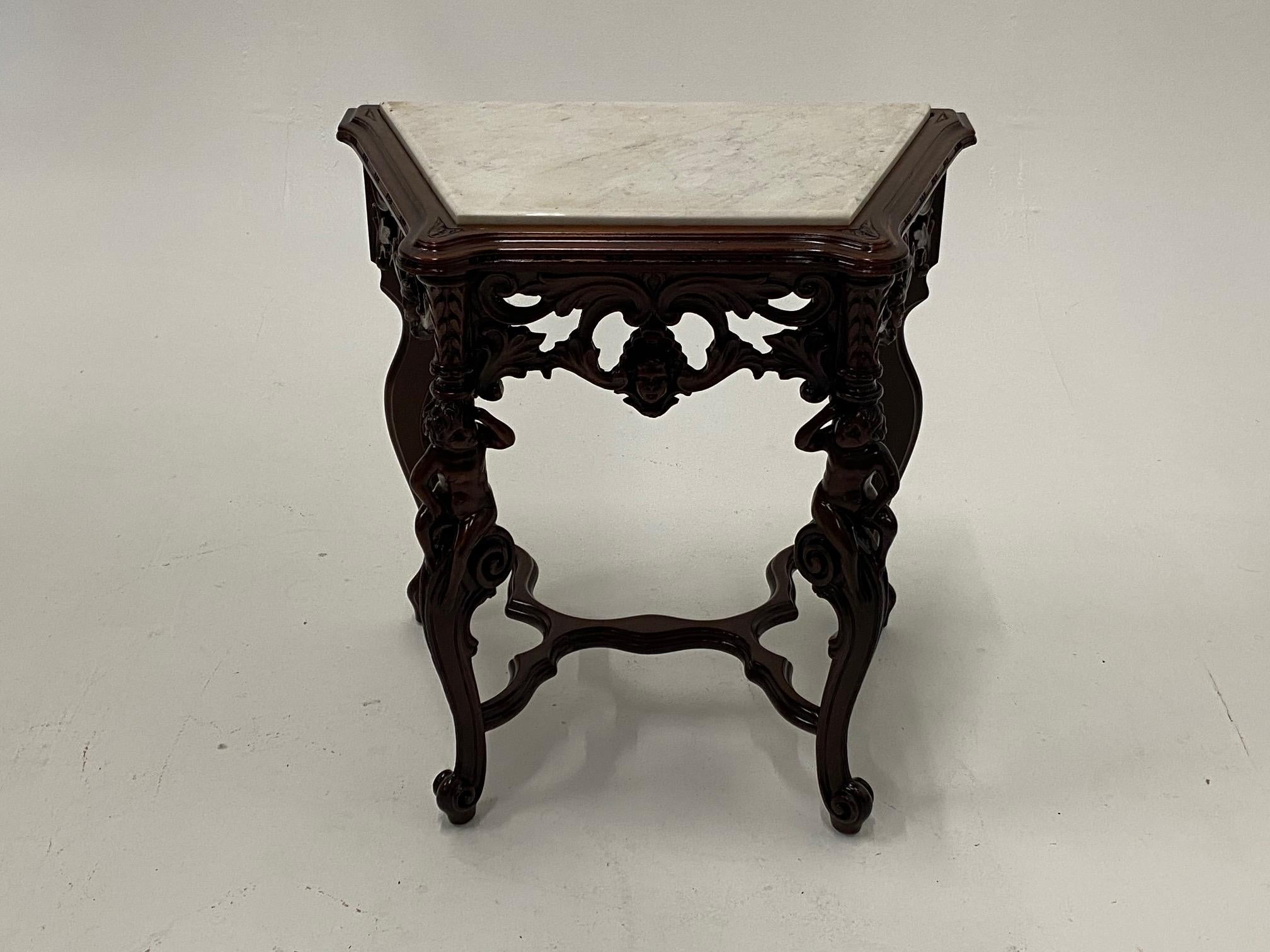 Ornately Carved Mahogany Side Table with Marble Top For Sale 1