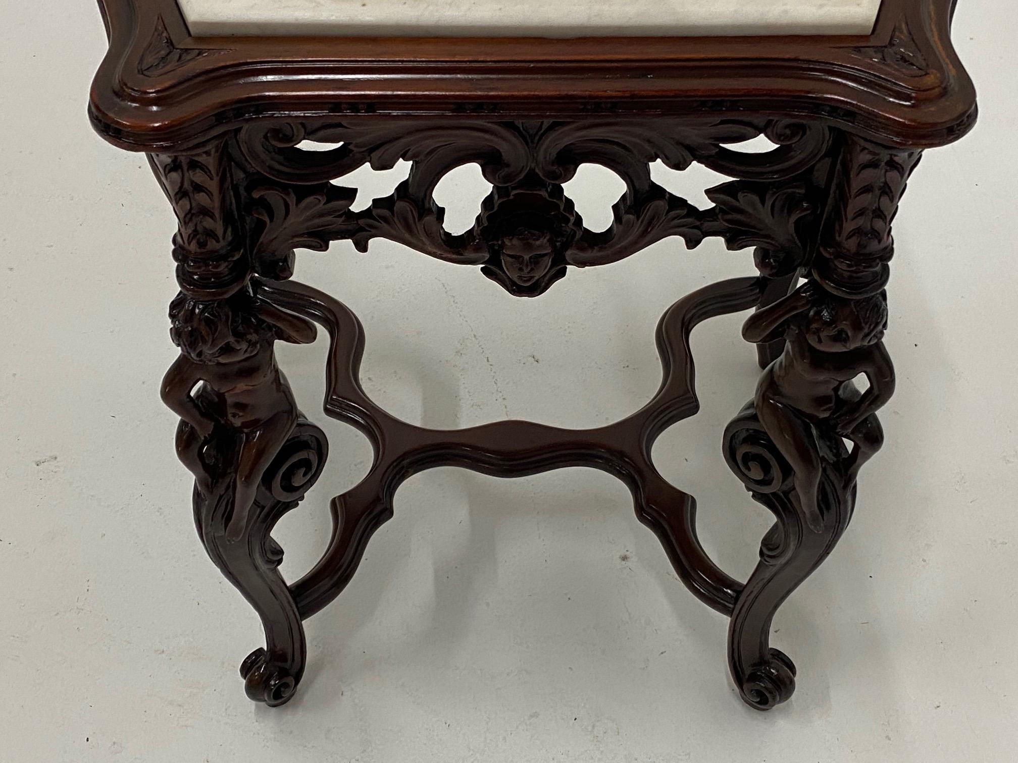 Ornately Carved Mahogany Side Table with Marble Top For Sale 2