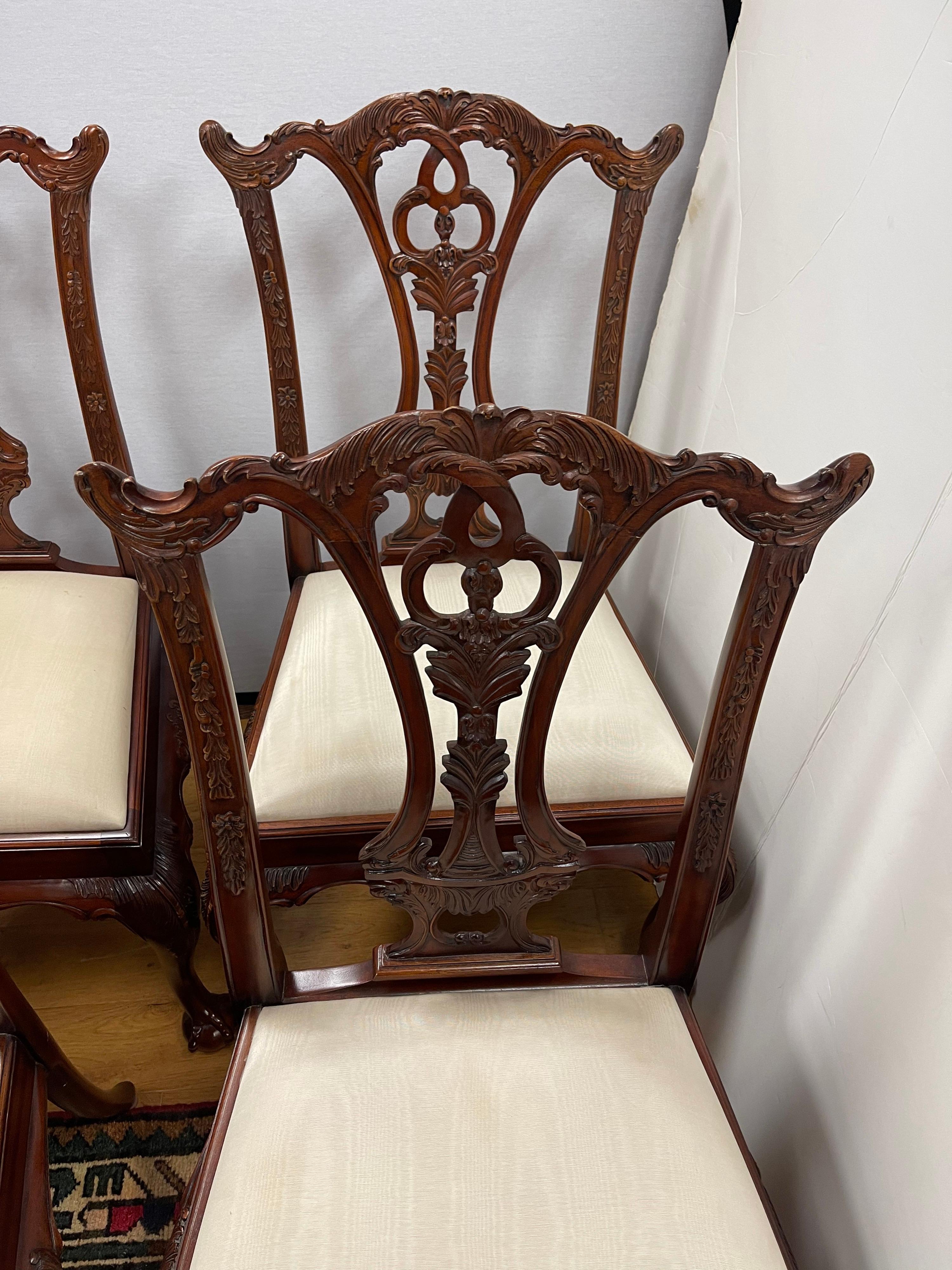 Ornately Carved Maitland Smith Carved Mahogany Dining Room Chairs Set of Eight 5
