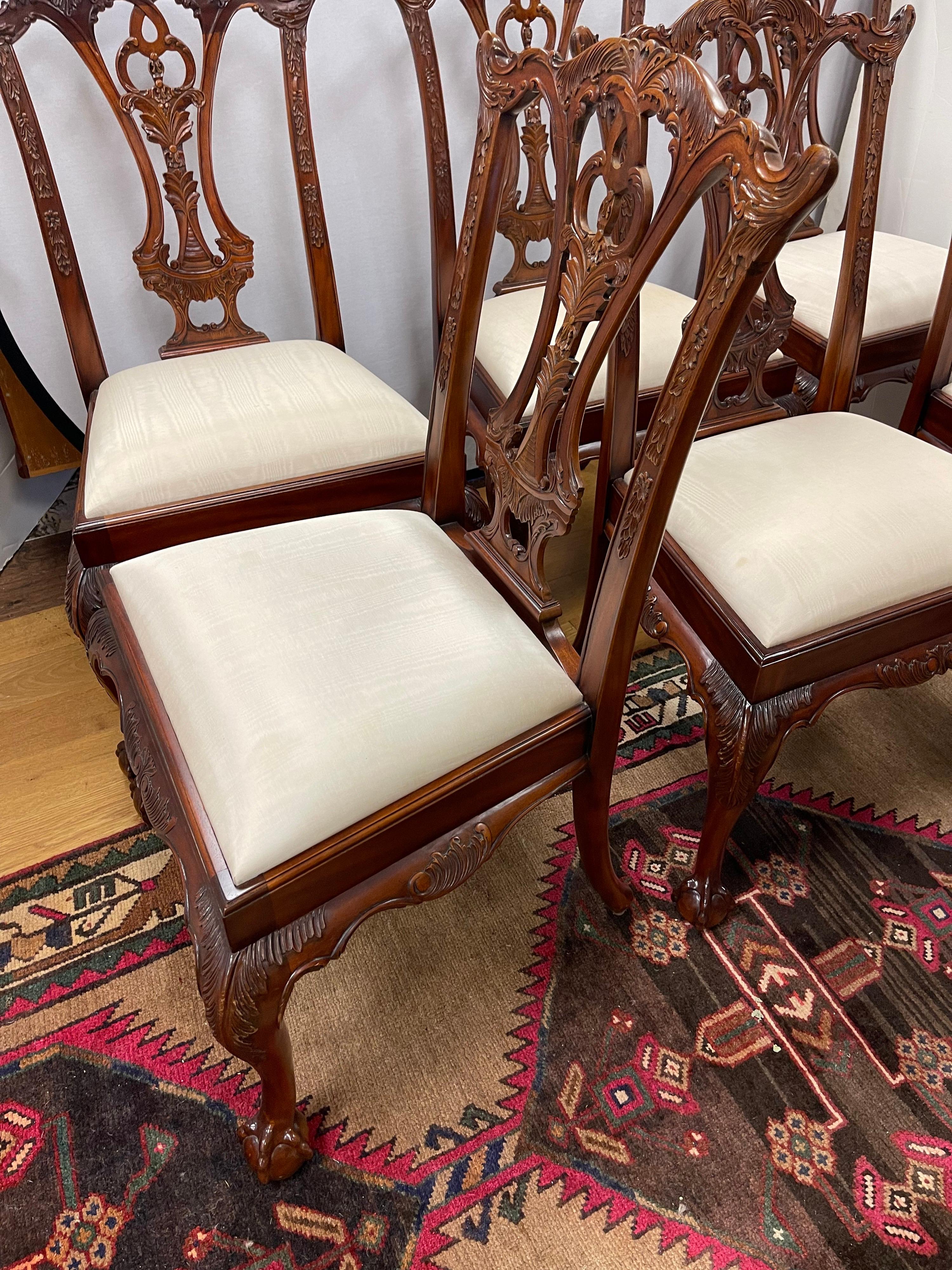 Philippine Ornately Carved Maitland Smith Carved Mahogany Dining Room Chairs Set of Eight