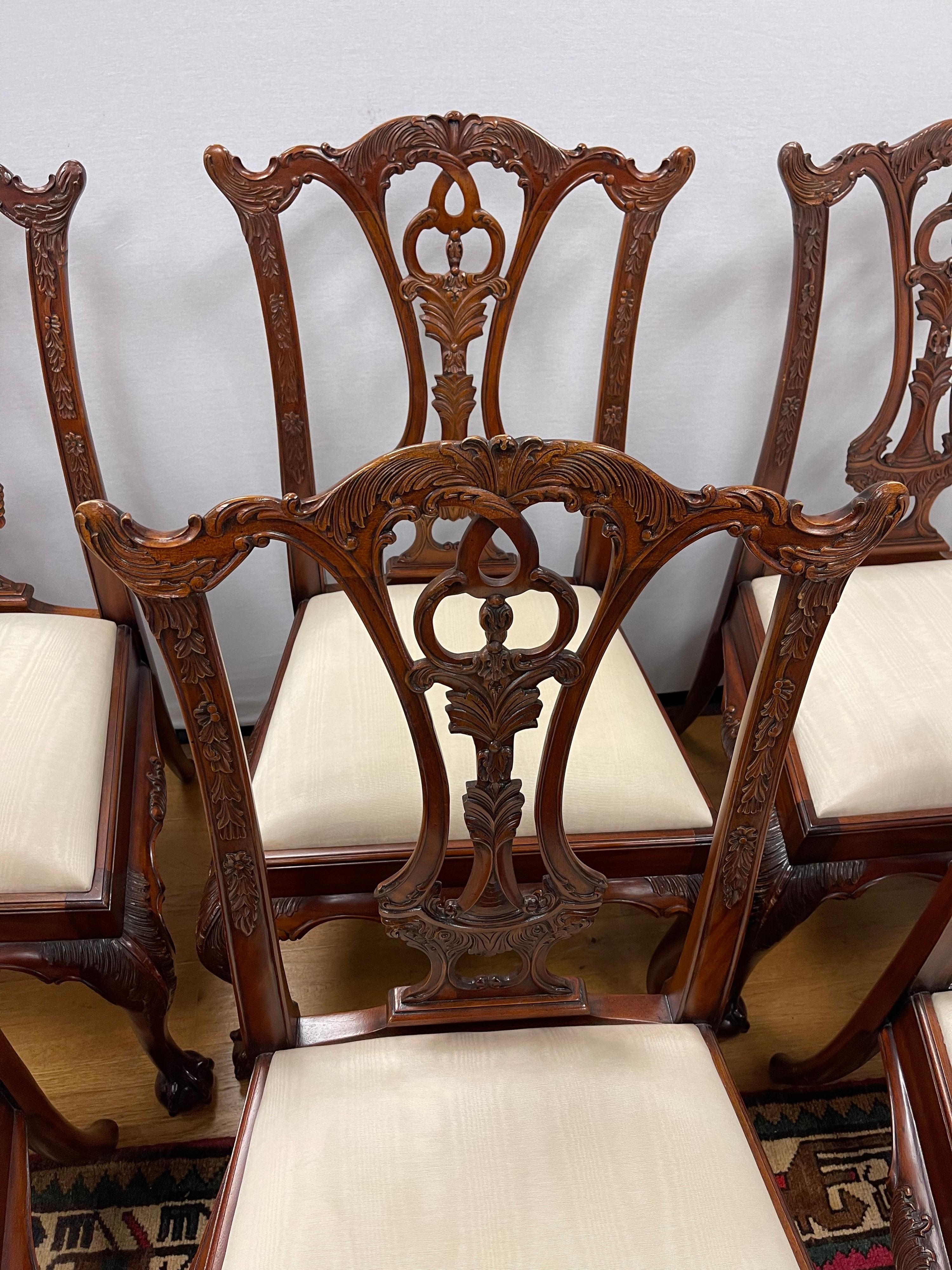 Silk Ornately Carved Maitland Smith Carved Mahogany Dining Room Chairs Set of Eight