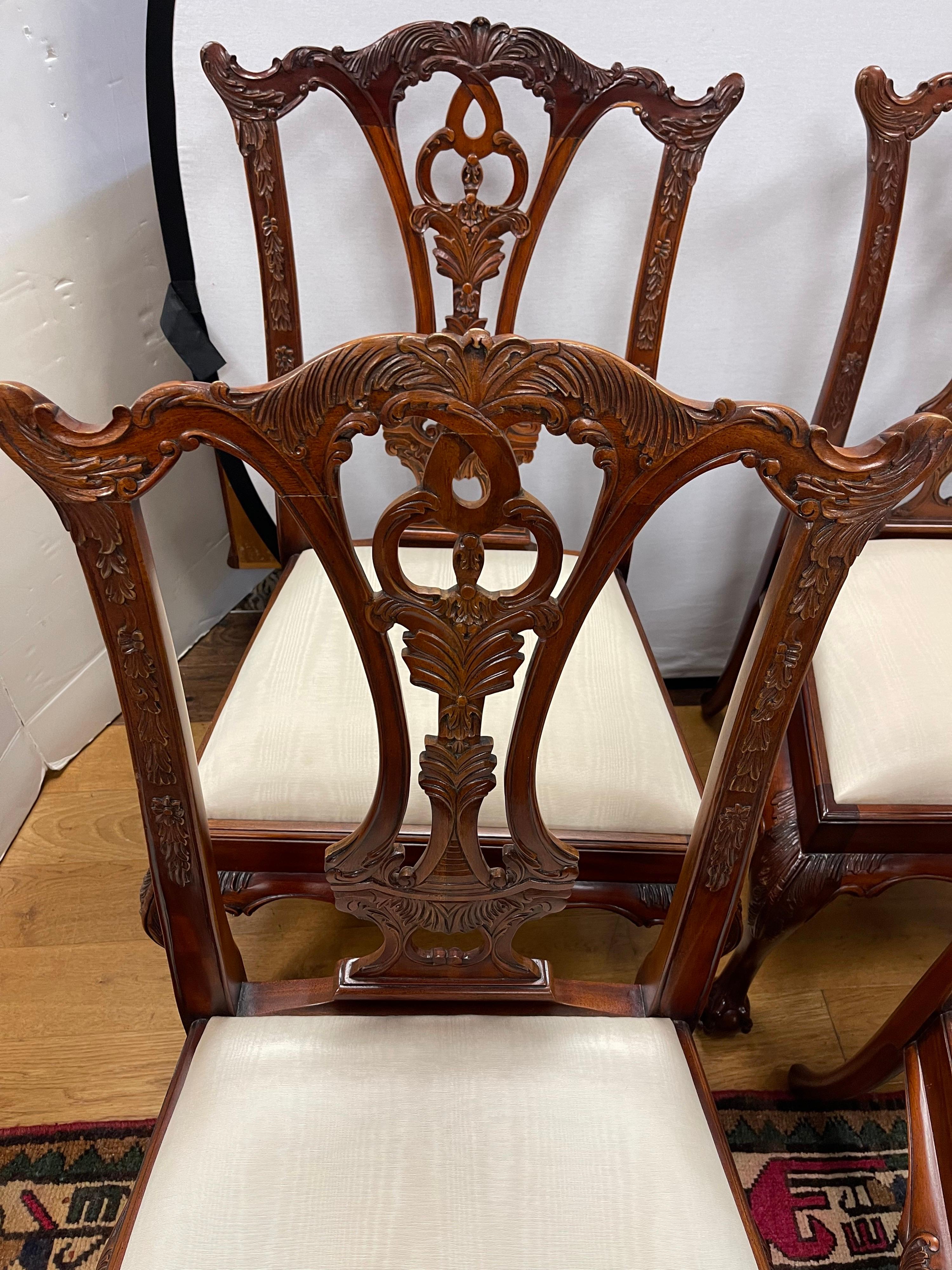 Chippendale Ornately Carved Maitland Smith Carved Mahogany Dining Room Chairs Set of Six