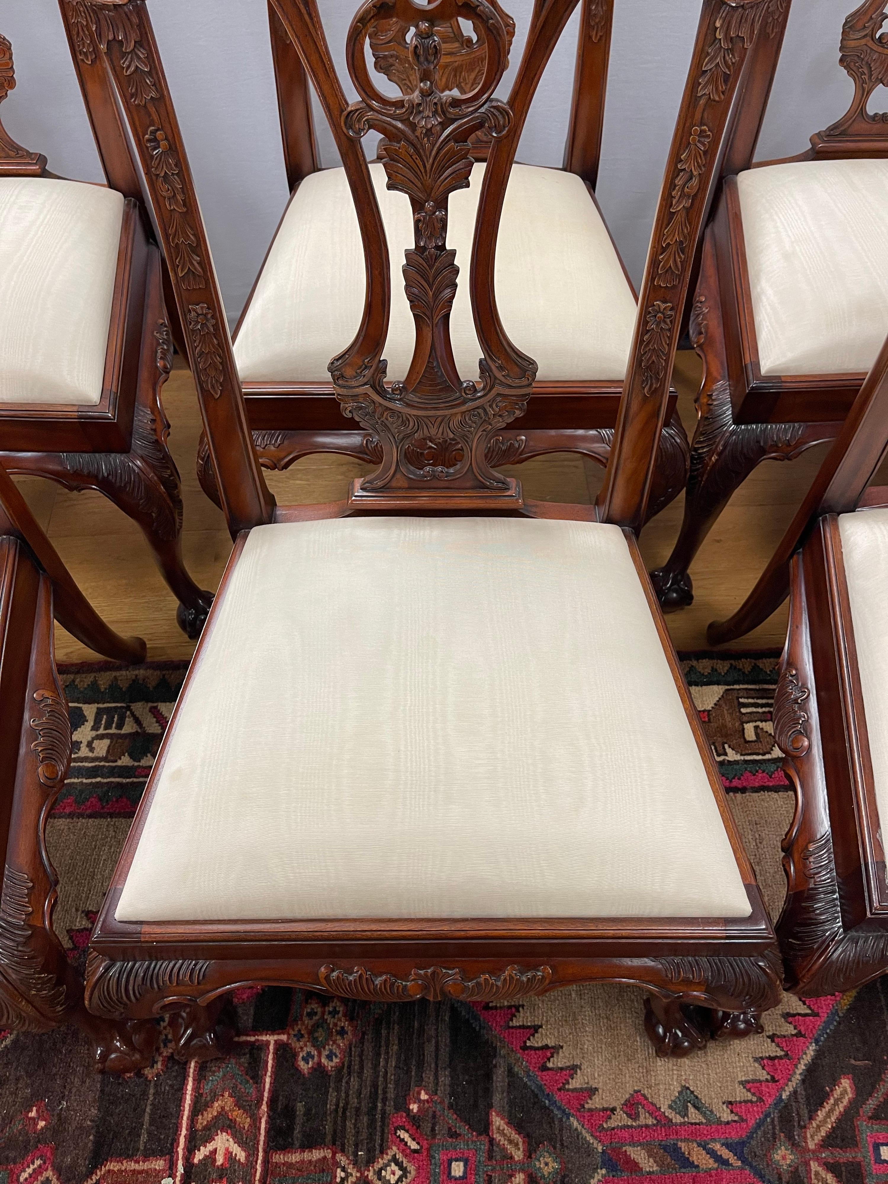 Silk Ornately Carved Maitland Smith Carved Mahogany Dining Room Chairs Set of Six