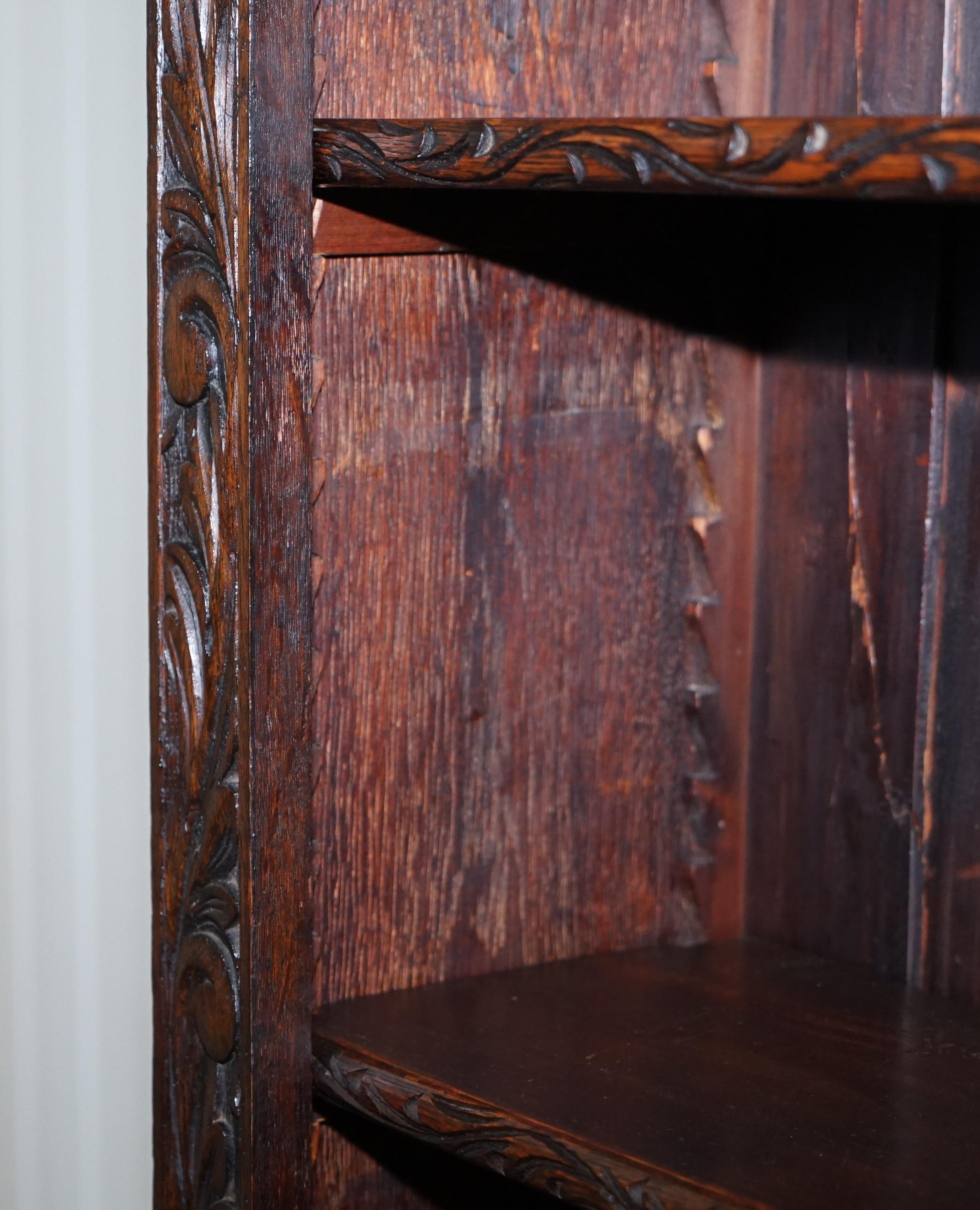 Ornately Carved Solid English Oak Victorian Library Bookcase in Jacobean Style 6