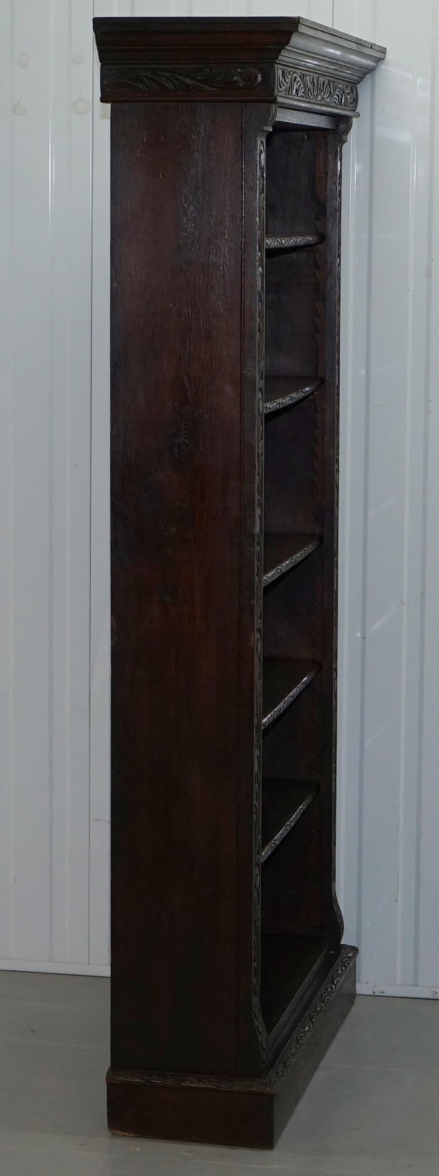 Ornately Carved Solid English Oak Victorian Library Bookcase in Jacobean Style 6