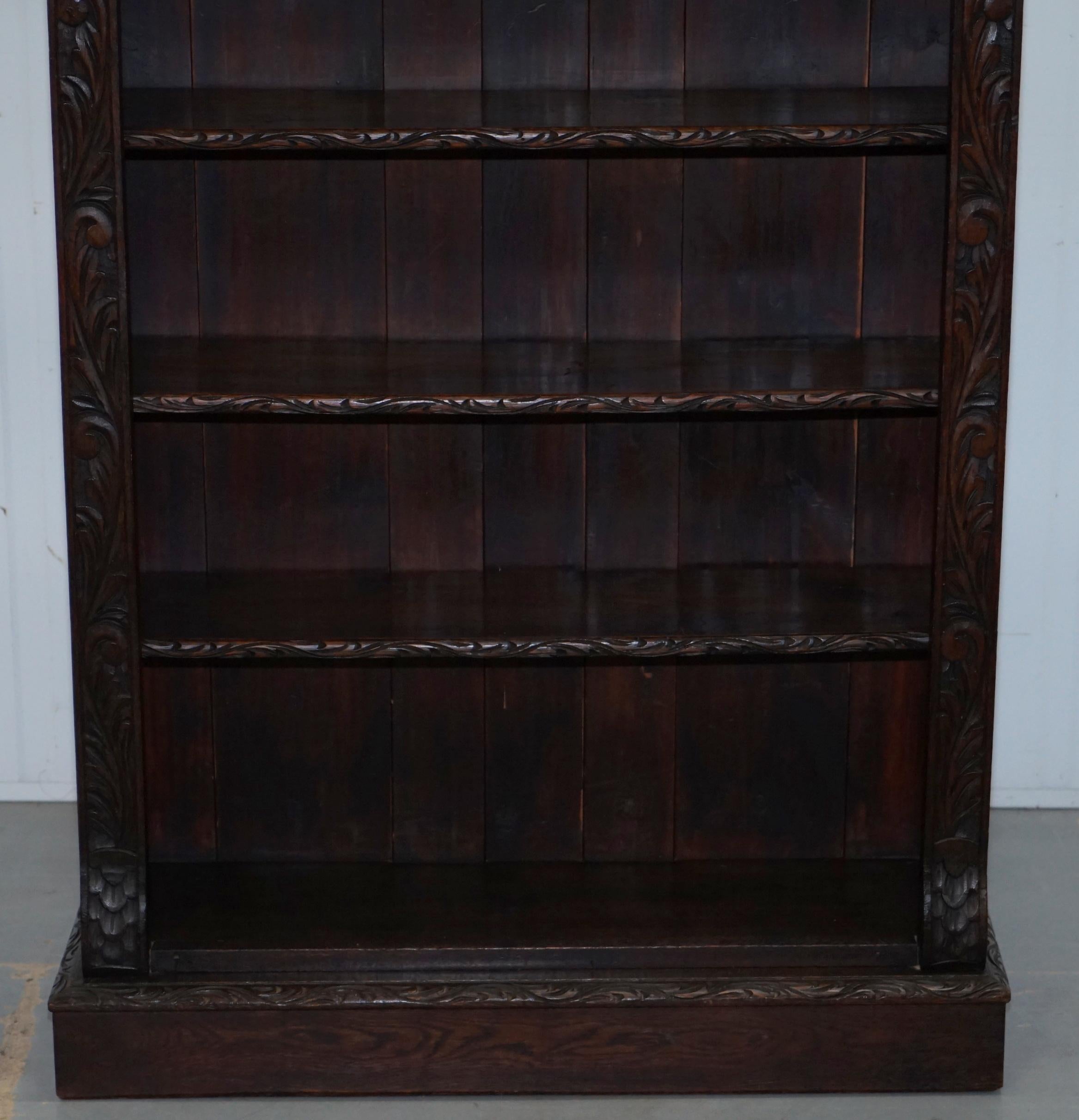 Hand-Crafted Ornately Carved Solid English Oak Victorian Library Bookcase in Jacobean Style