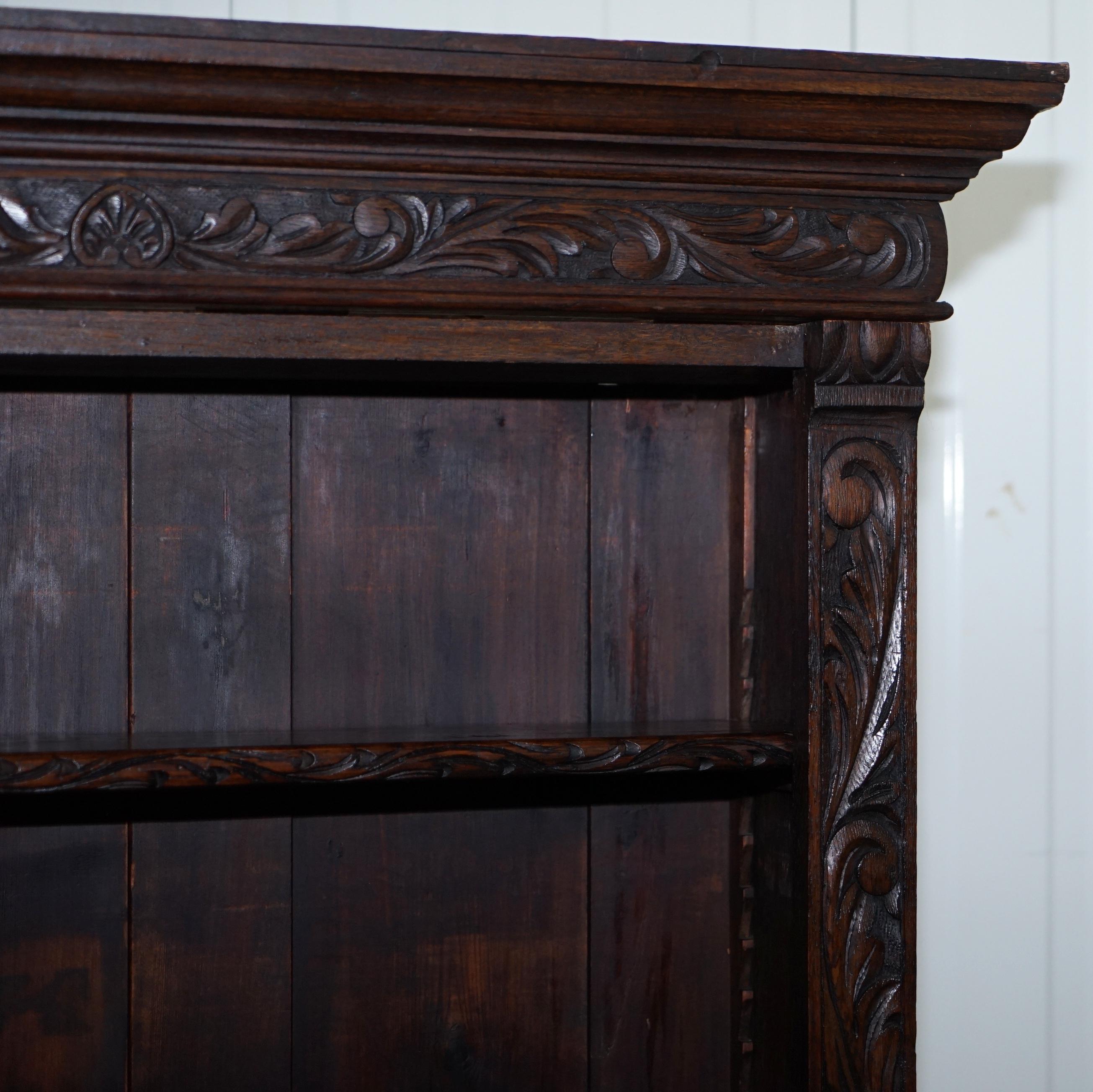Ornately Carved Solid English Oak Victorian Library Bookcase in Jacobean Style 1