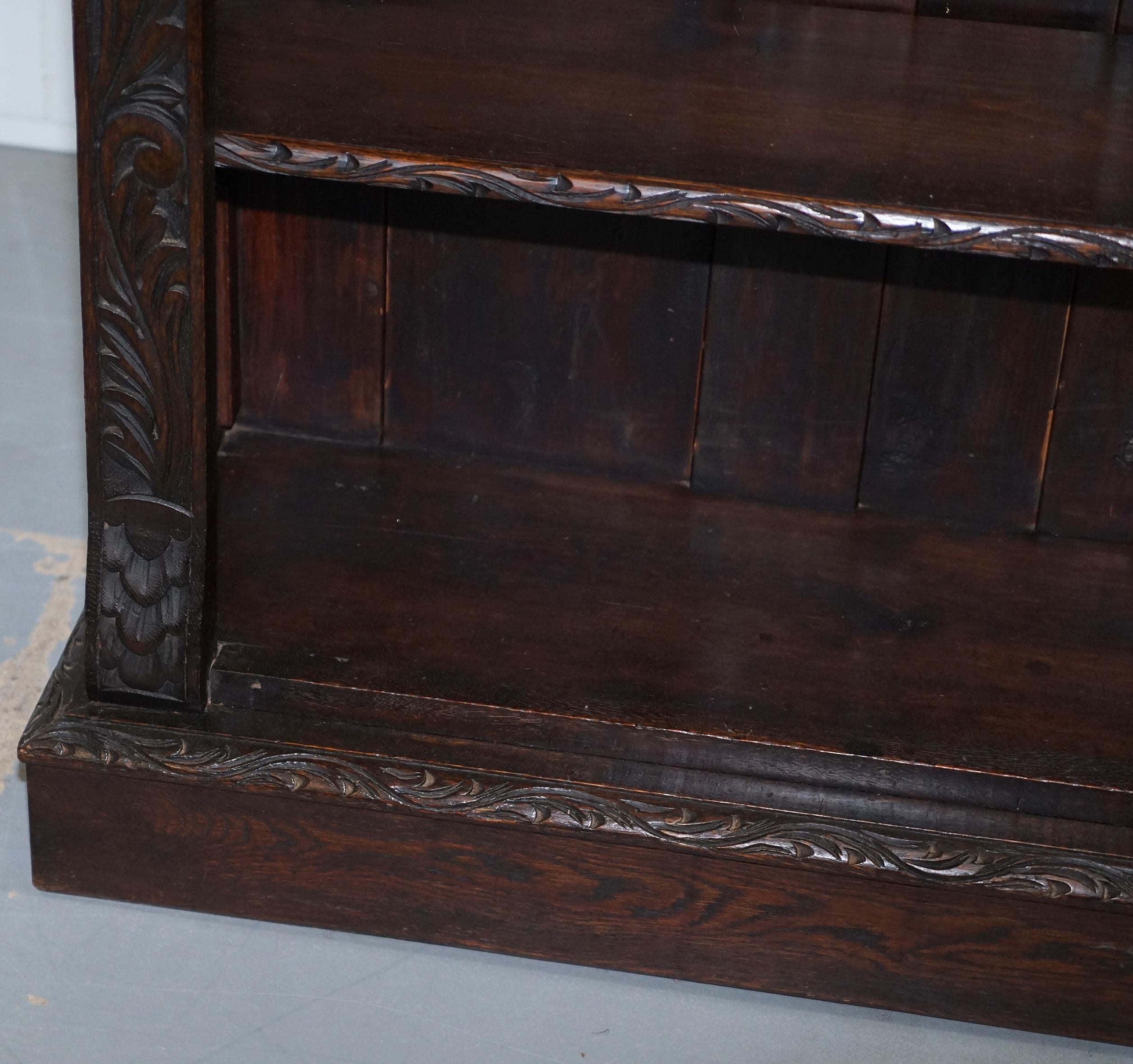Ornately Carved Solid English Oak Victorian Library Bookcase in Jacobean Style 2