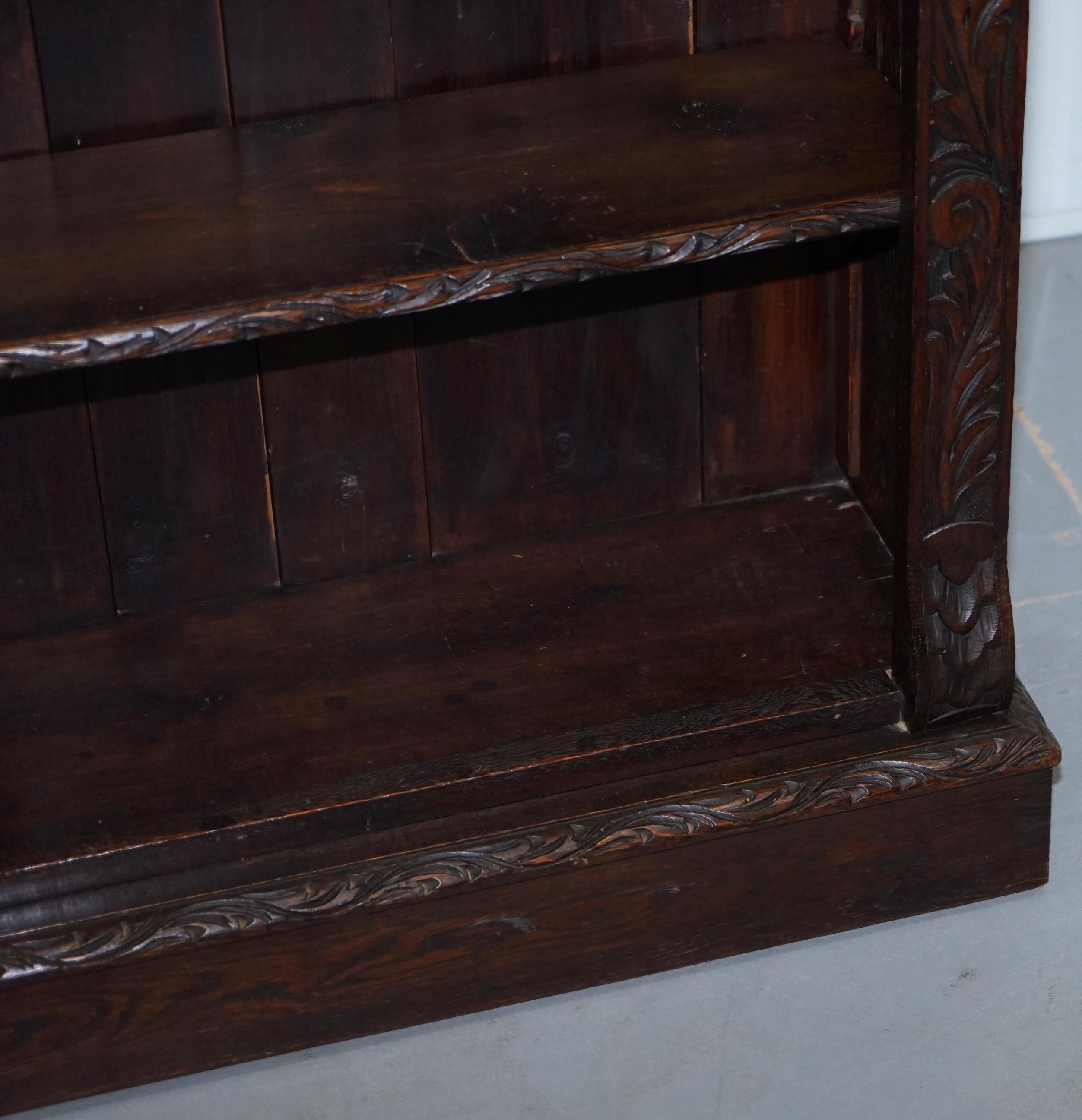 Ornately Carved Solid English Oak Victorian Library Bookcase in Jacobean Style 3