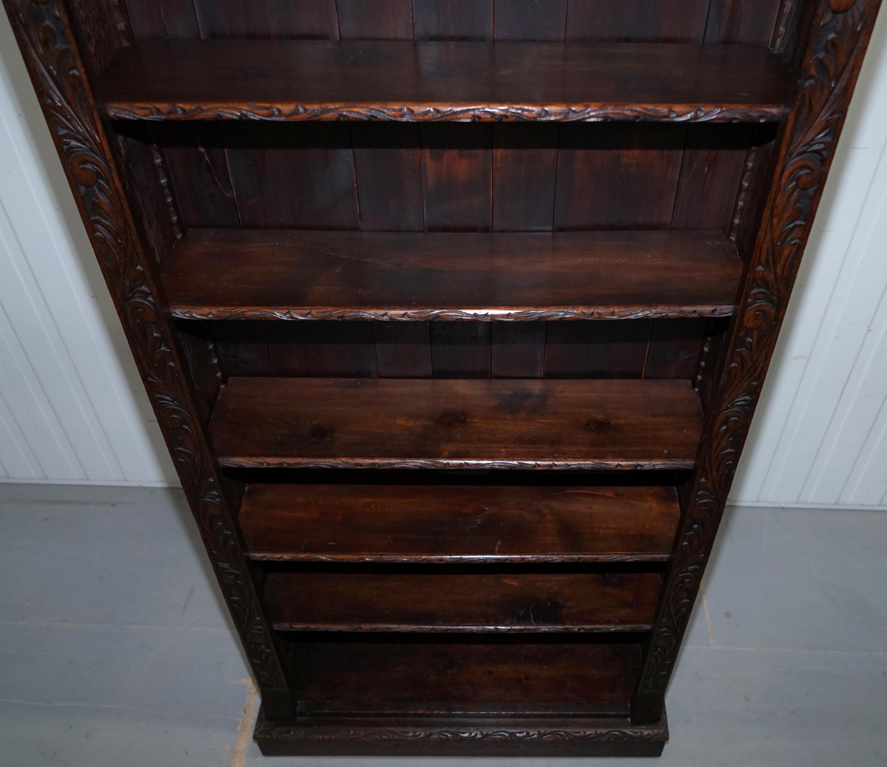 Ornately Carved Solid English Oak Victorian Library Bookcase in Jacobean Style 4