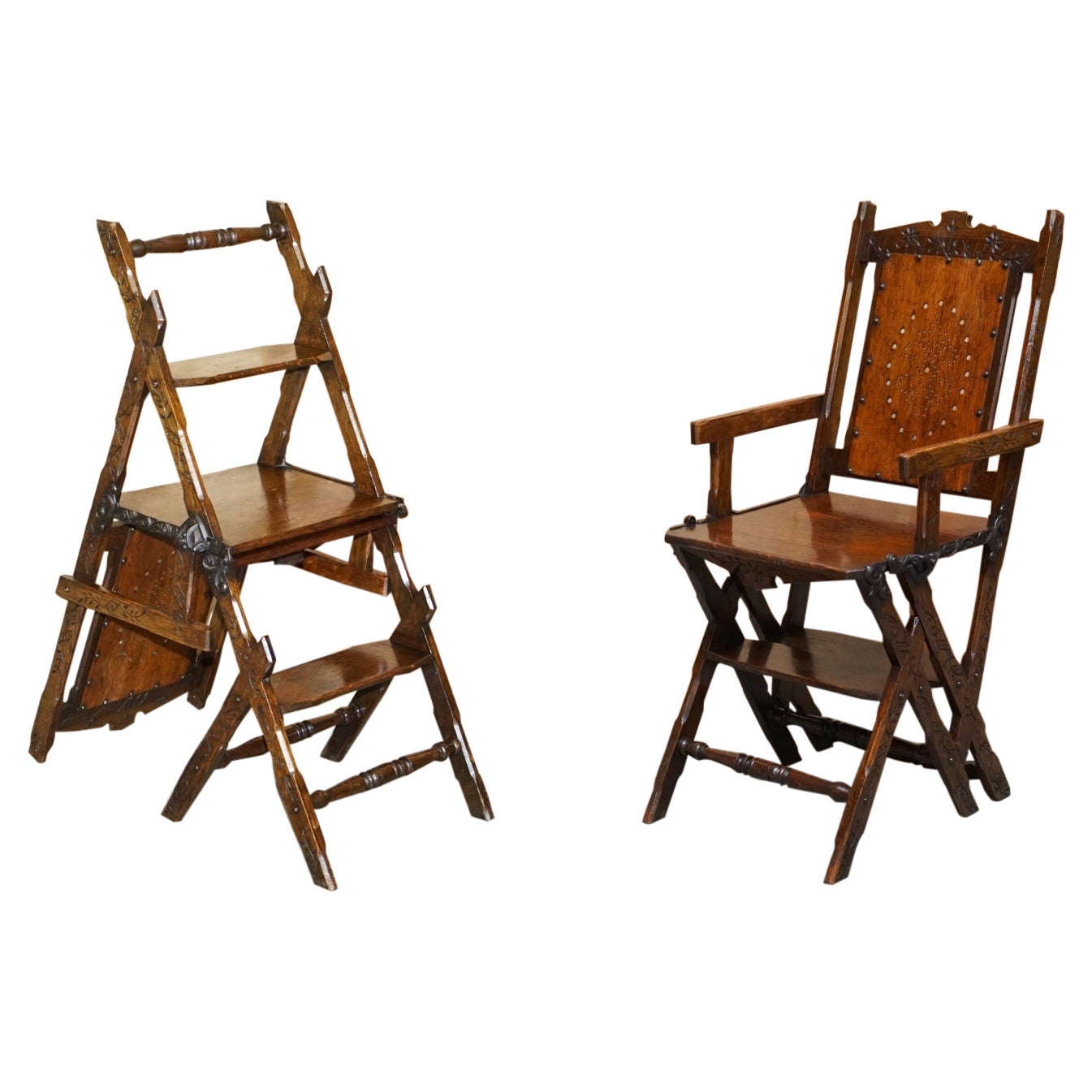 Ornately Carved Victorian 1880 English Oak Library Steps Metamorphic Chair