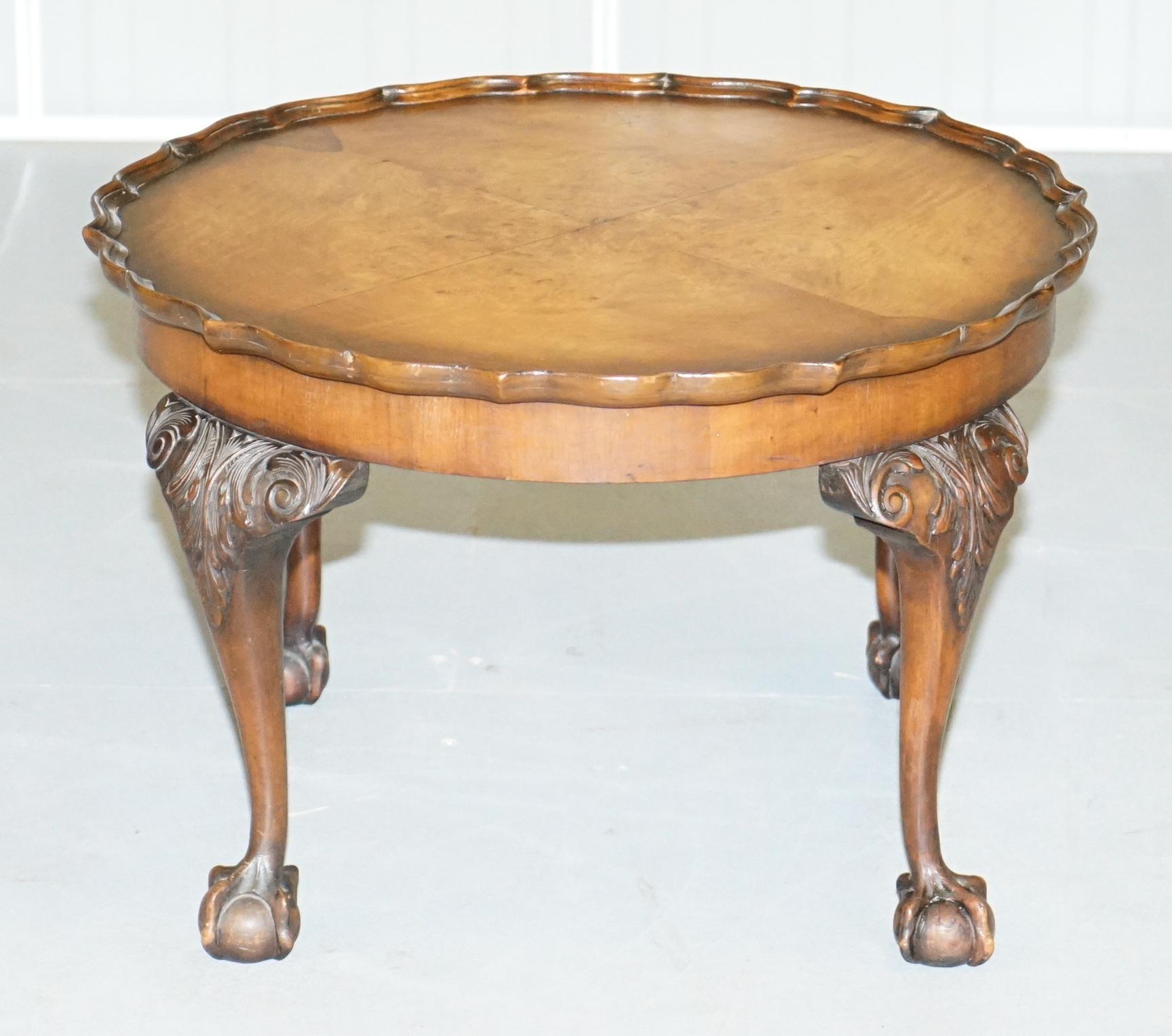 We are delighted to offer for sale this lovely vintage hand made coffee table with interictally carved claw and ball feet and pie crust edge

A very good looking well made and decorative coffee table, circa 1940 but clearly in the style of the
