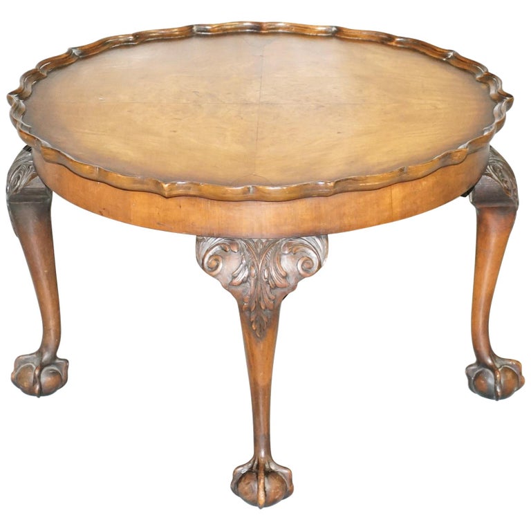 Ornately Carved Vintage Claw and Ball Coffee Table Pie Crust Edge Solid