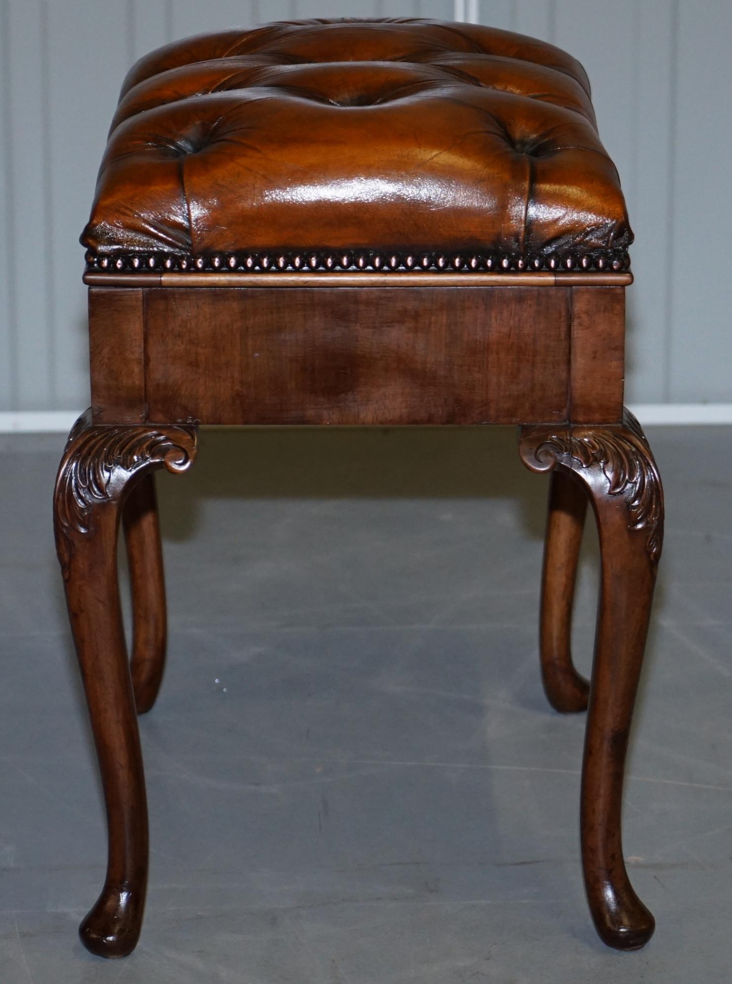 Ornately Carved Walnut Cigar Brown Leather Piano Bench Stool Internal Storage 1