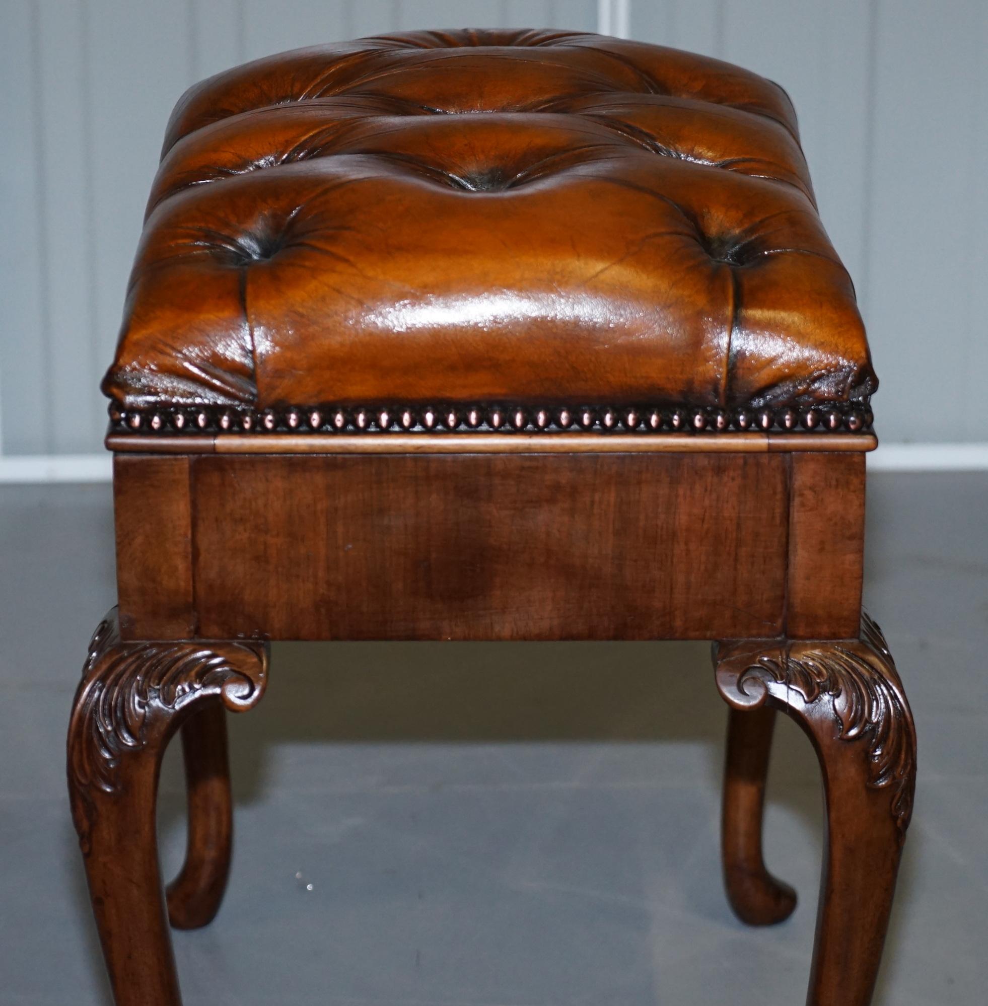 Ornately Carved Walnut Cigar Brown Leather Piano Bench Stool Internal Storage 2