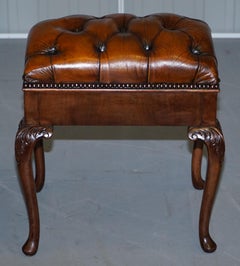 Ornately Carved Walnut Cigar Brown Leather Piano Bench Stool Internal Storage