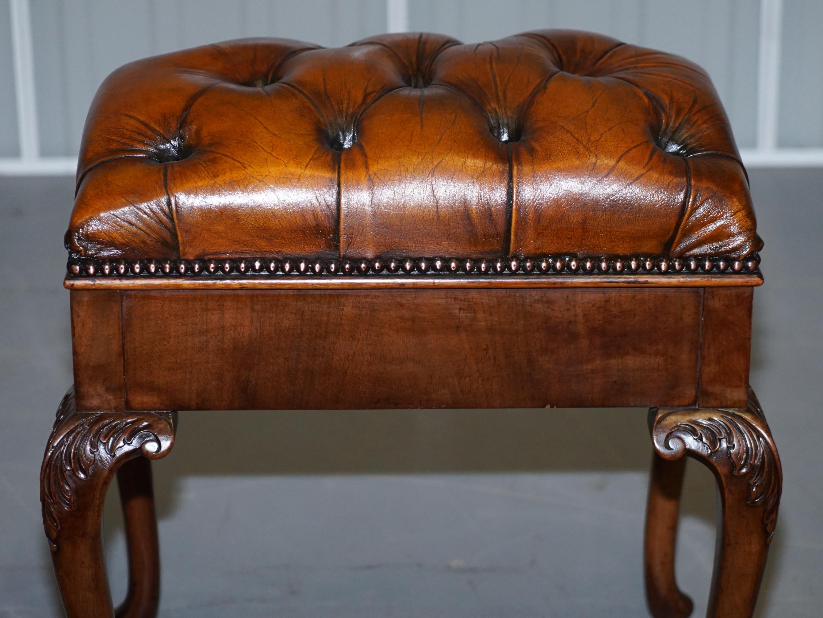 Mid-Century Modern Ornately Carved Walnut Cigar Brown Leather Piano Bench Stool Internal Storage