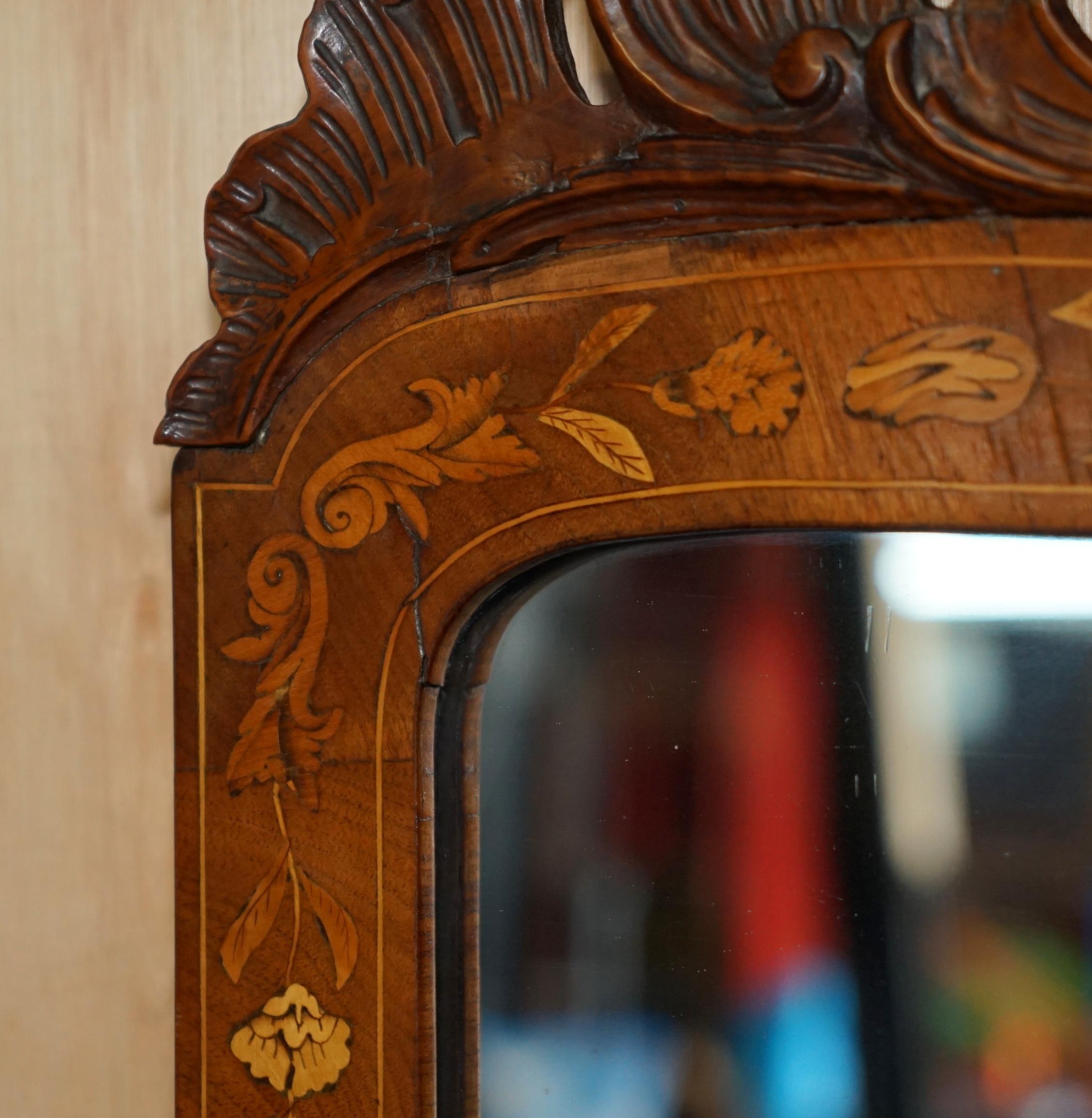 Early 19th Century ORNATELY DECORATED ANTiQUE DUTCH MARQUETRY INLAY WALL MIRROR SUBLIME CARVINGS For Sale